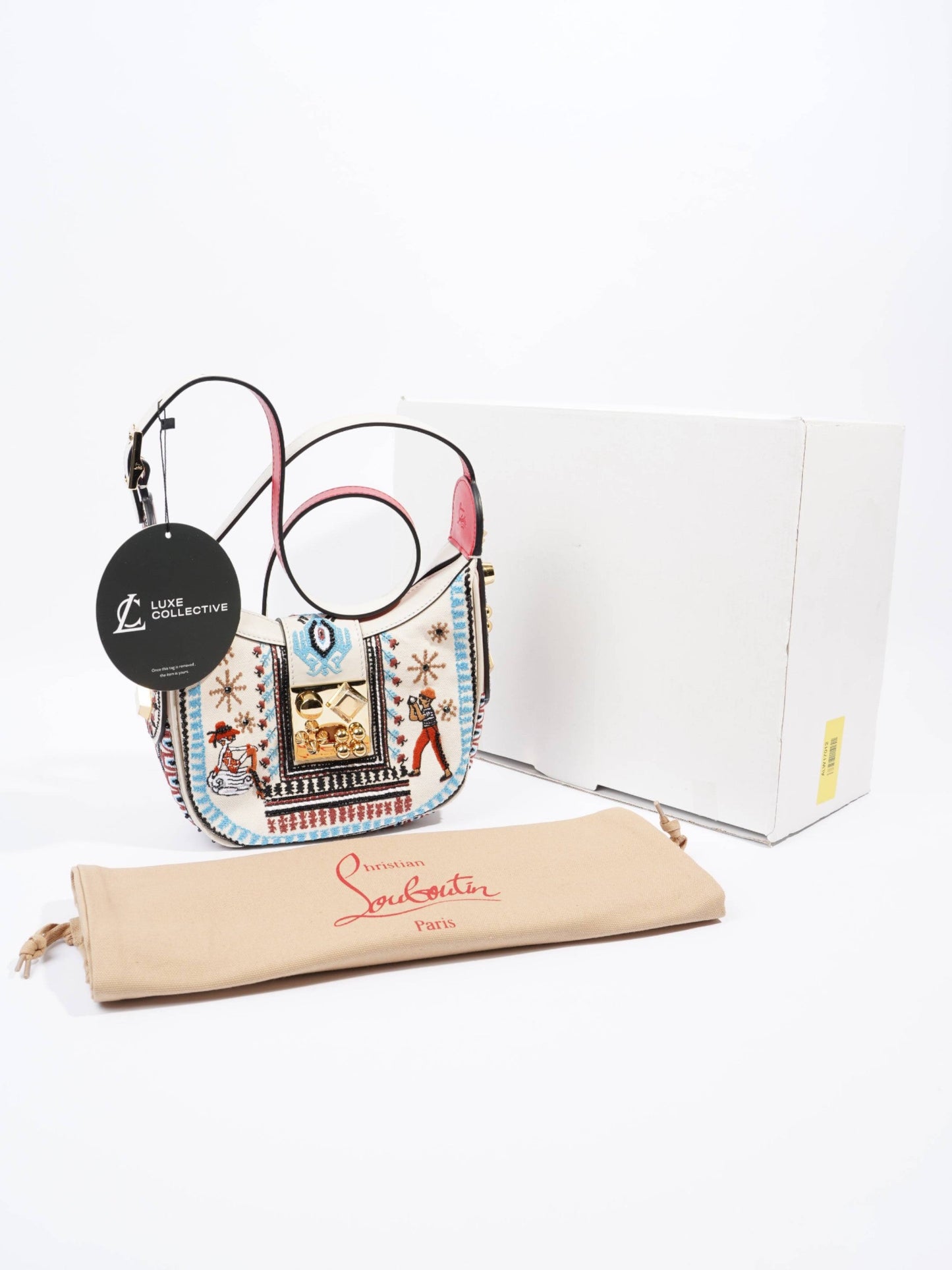 Christian Louboutin Carasky Loubi Mini Embroidered Cream Multicolour Embroidery Cotton