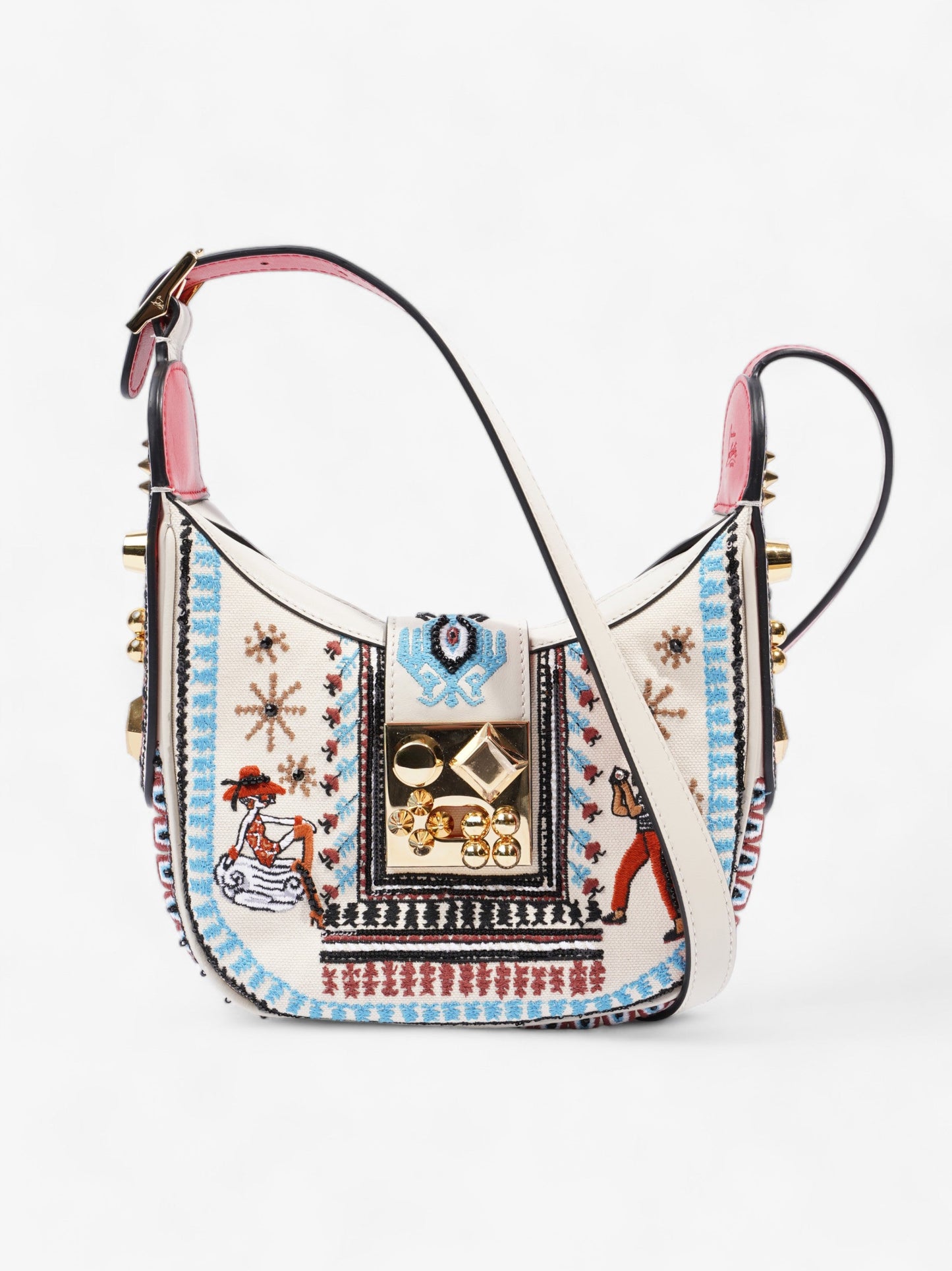 Christian Louboutin Carasky Loubi Mini Embroidered Cream Multicolour Embroidery Cotton