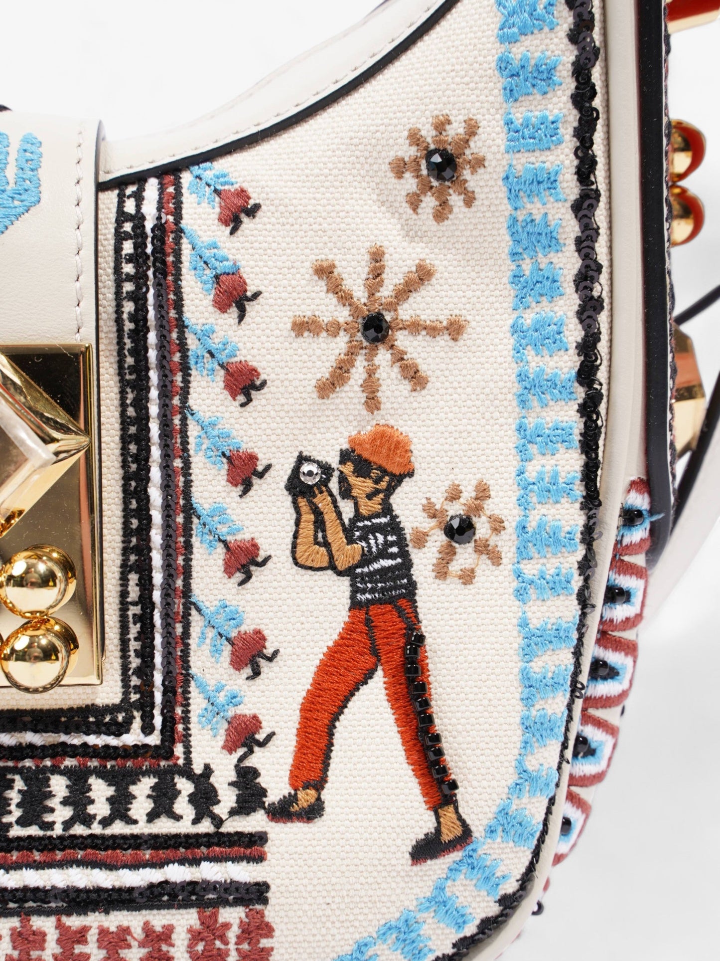 Christian Louboutin Carasky Loubi Mini Embroidered Cream Multicolour Embroidery Cotton