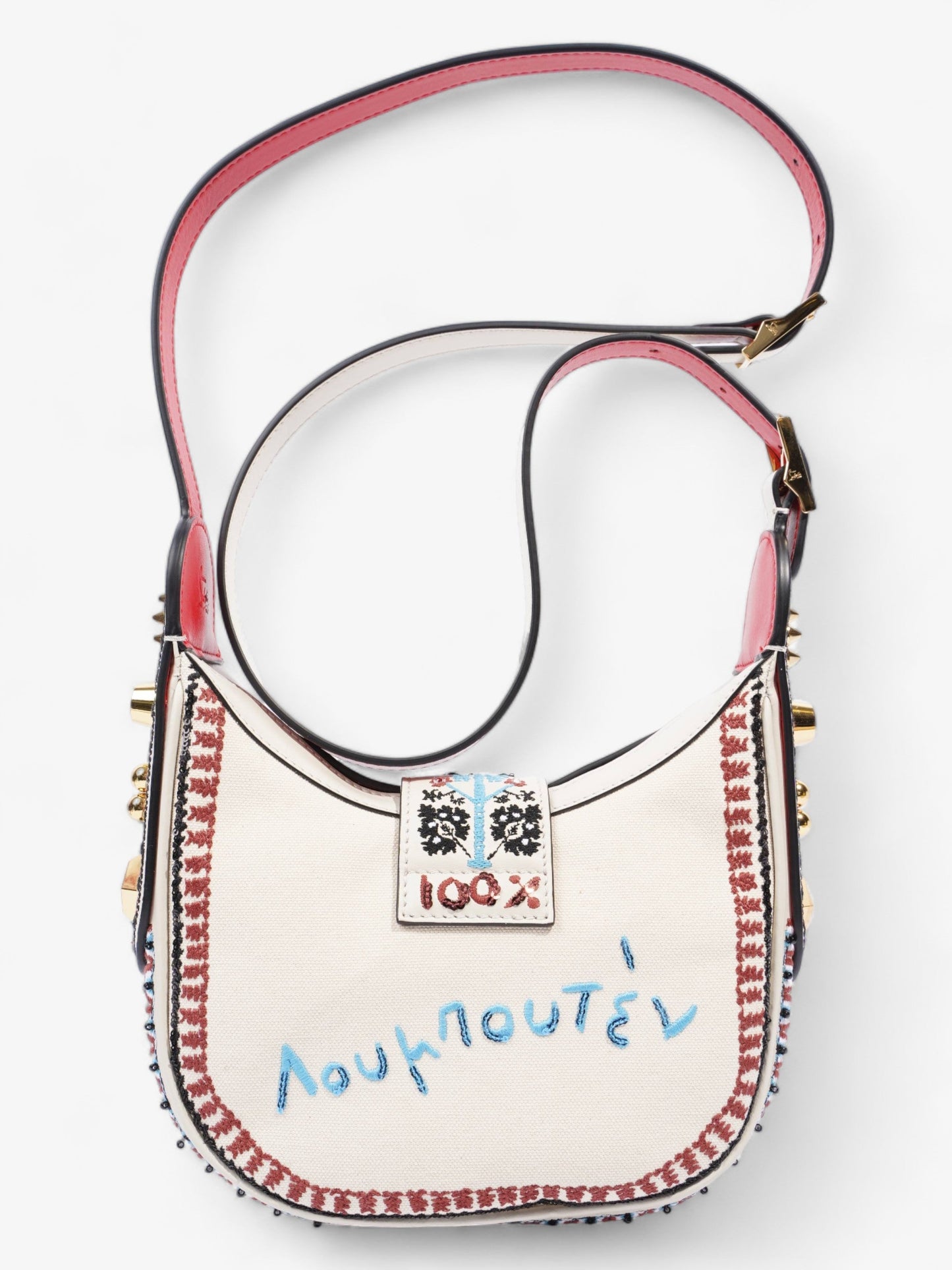 Christian Louboutin Carasky Loubi Mini Embroidered Cream Multicolour Embroidery Cotton