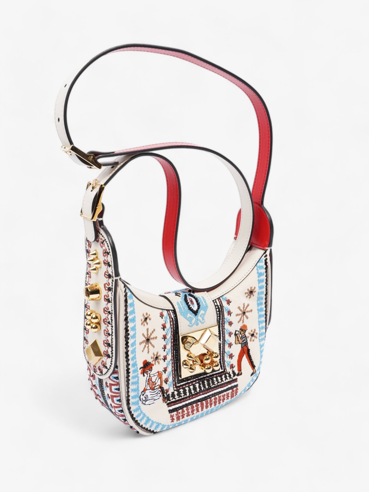 Christian Louboutin Carasky Loubi Mini Embroidered Cream Multicolour Embroidery Cotton