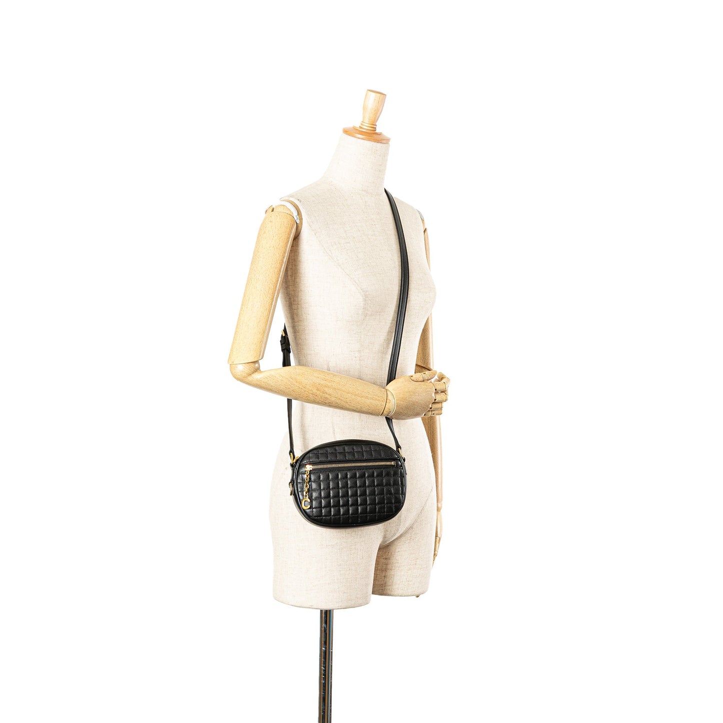 Celine Quilted Calfskin C Charm Crossbody Black