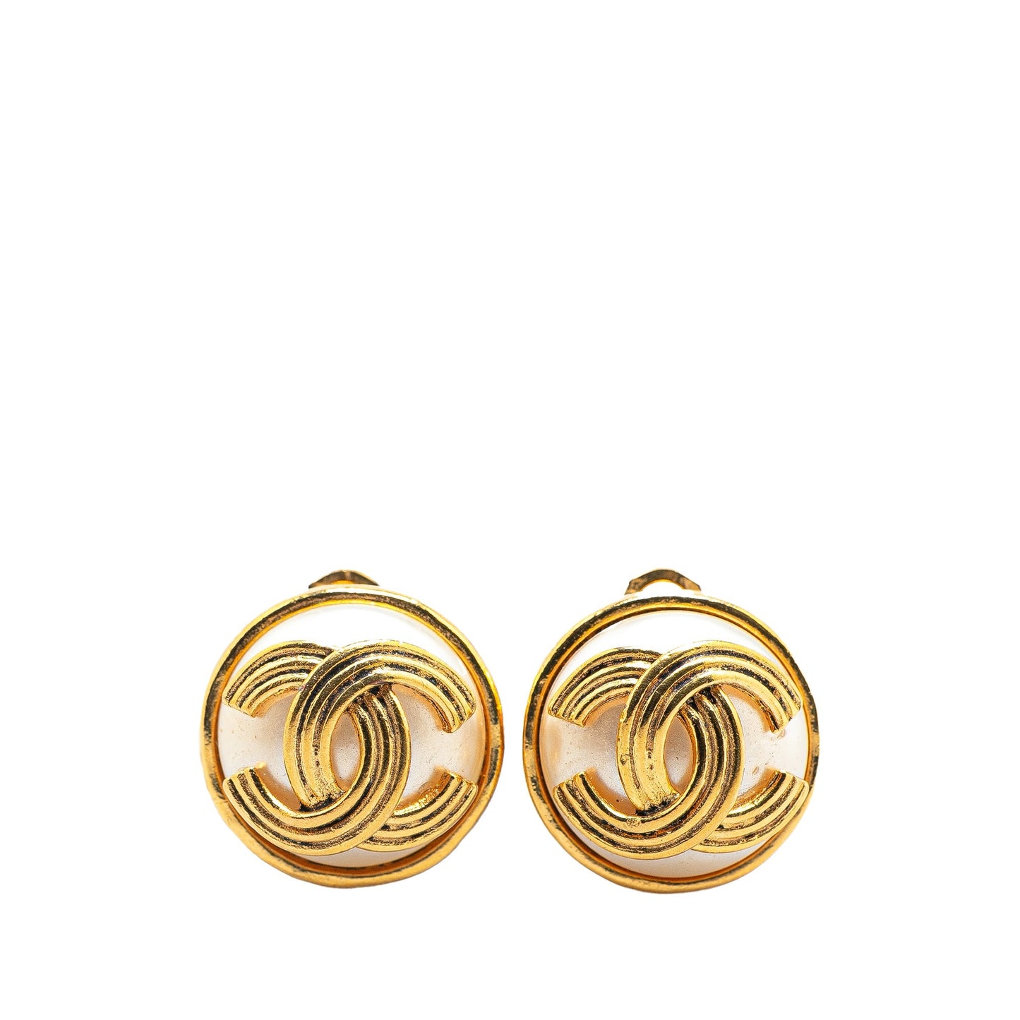 Chanel Gold Plated Faux Pearl CC Clip On Earrings Gold