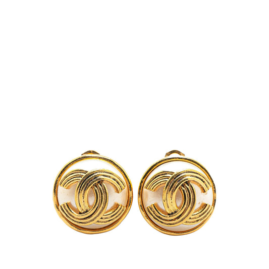Chanel Gold Plated Faux Pearl CC Clip On Earrings Gold