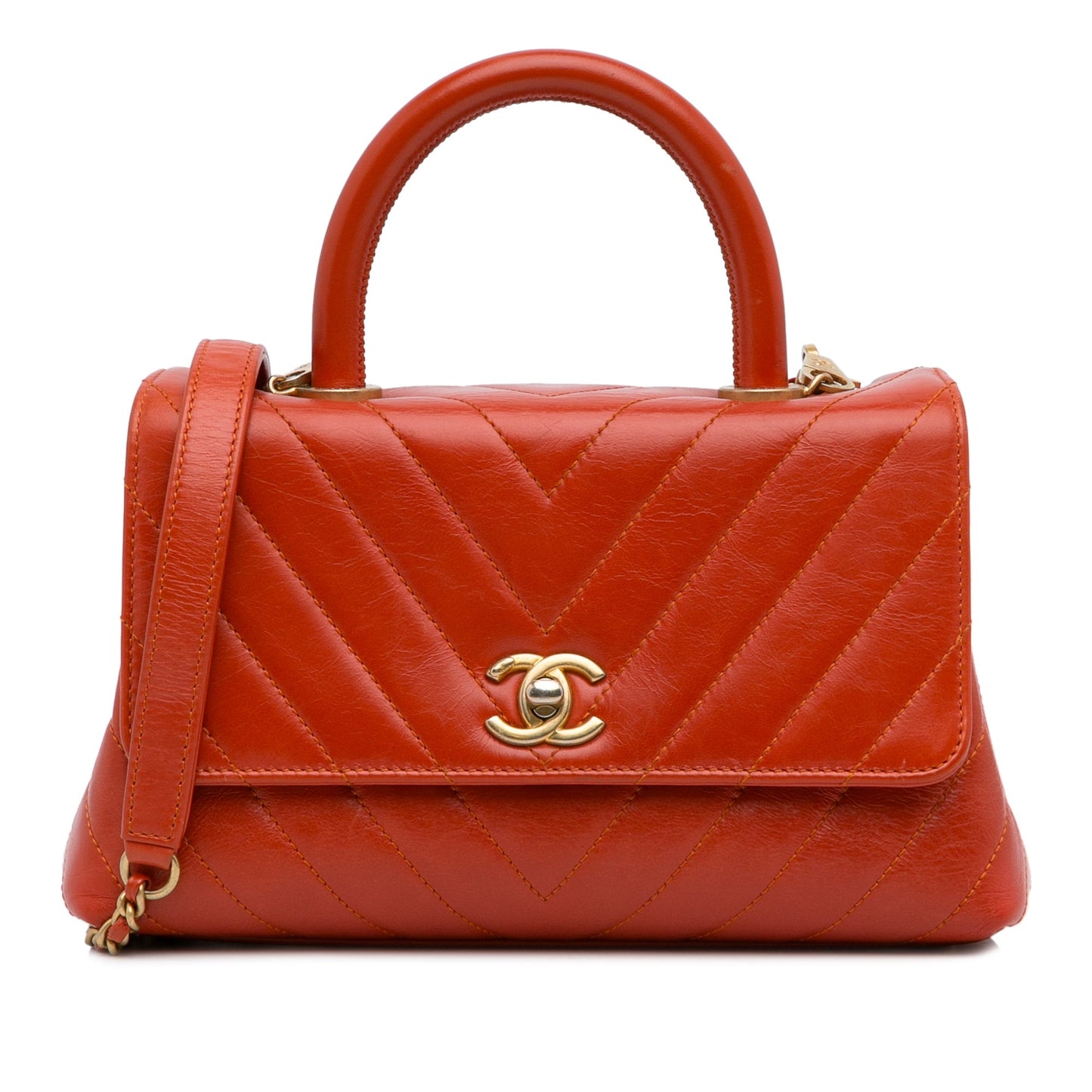 Chanel Small Lambskin Chevron Coco Top Handle Bag Red