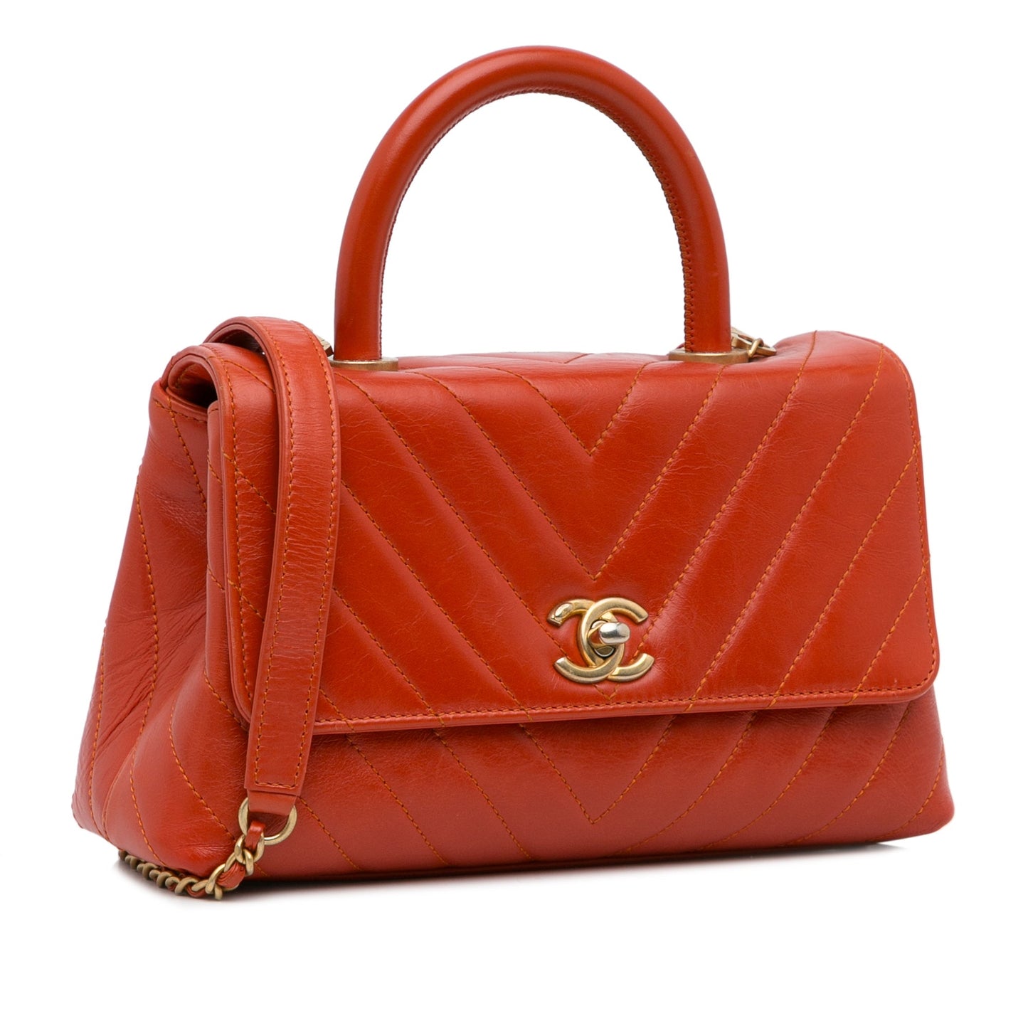 Chanel Small Lambskin Chevron Coco Top Handle Bag Red