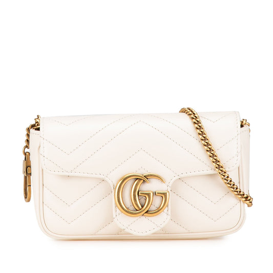 Gucci Super Mini GG Marmont Leather Matelasse Flap Crossbody White