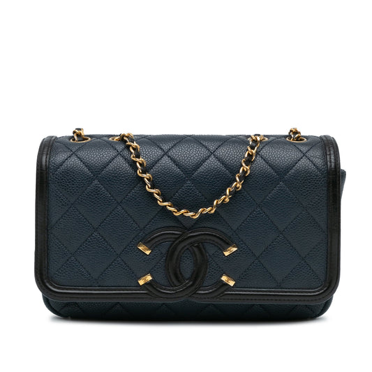 Chanel Small Bicolor Caviar CC Filigree Flap Blue