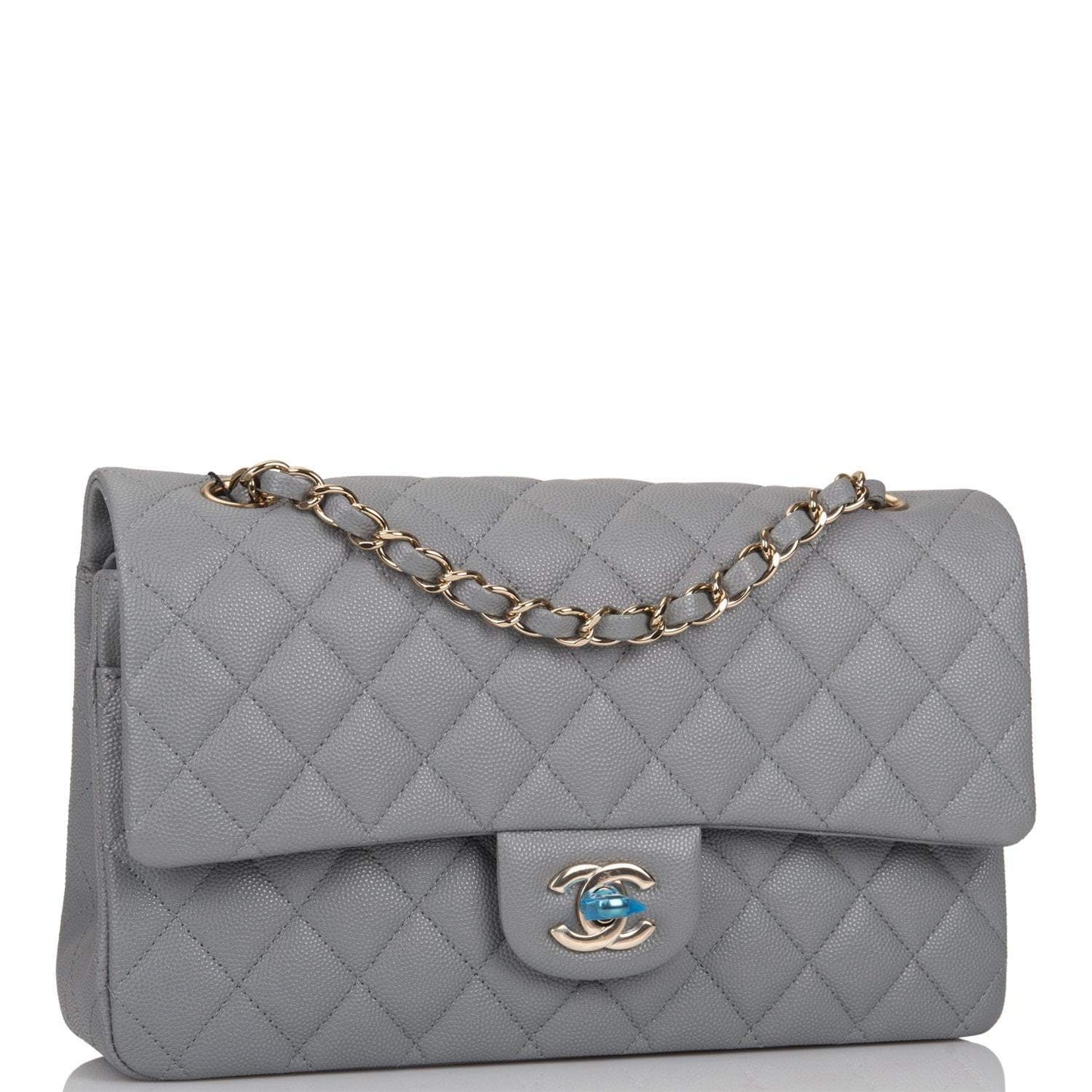 Chanel Shiny Gray Quilted Caviar Medium Classic Double Flap Bag Light Gold Hardware