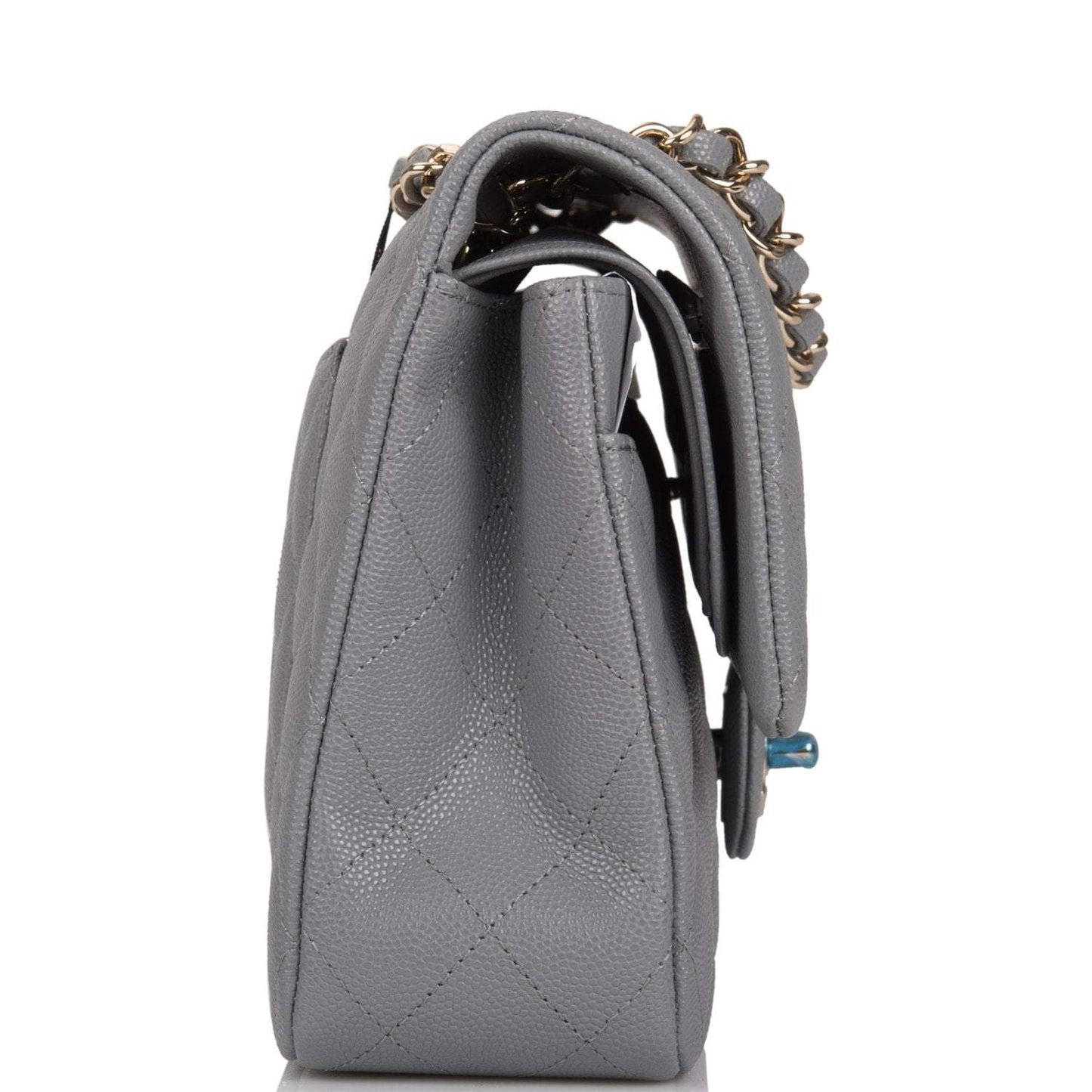 Chanel Shiny Gray Quilted Caviar Medium Classic Double Flap Bag Light Gold Hardware