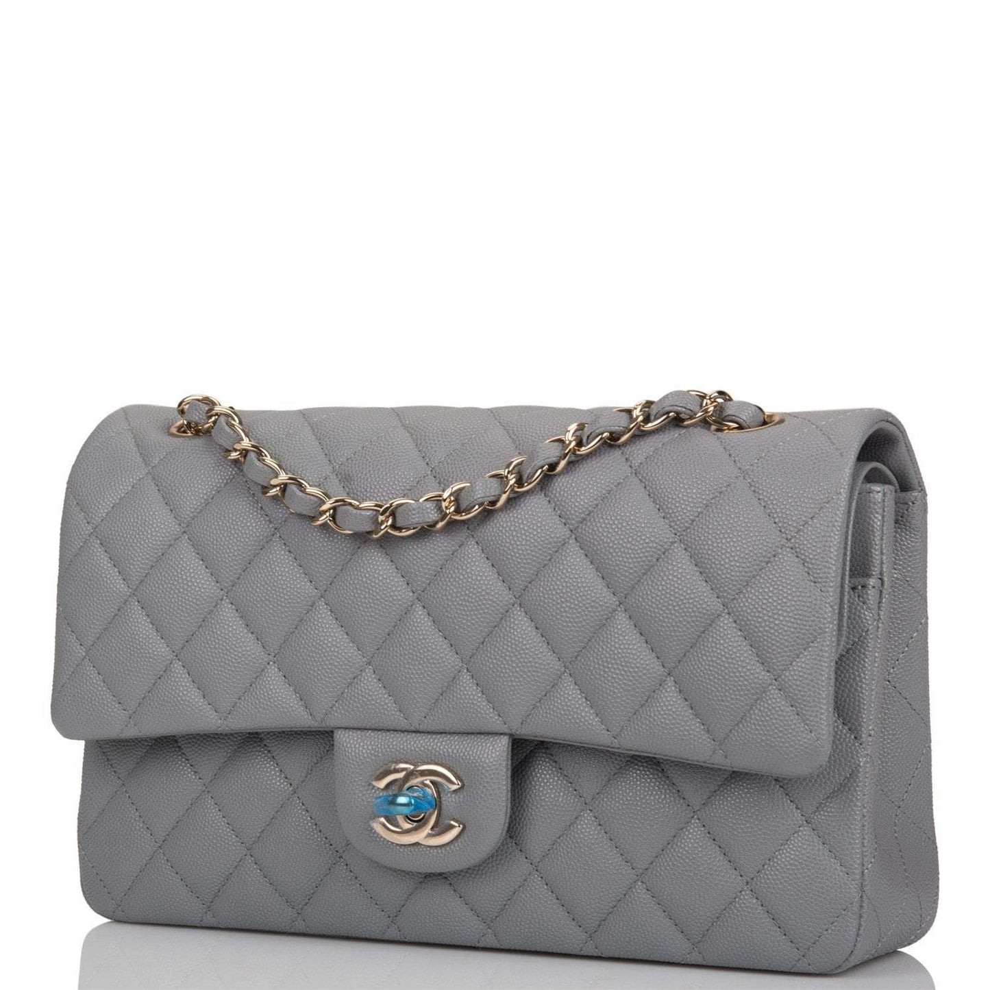 Chanel Shiny Gray Quilted Caviar Medium Classic Double Flap Bag Light Gold Hardware