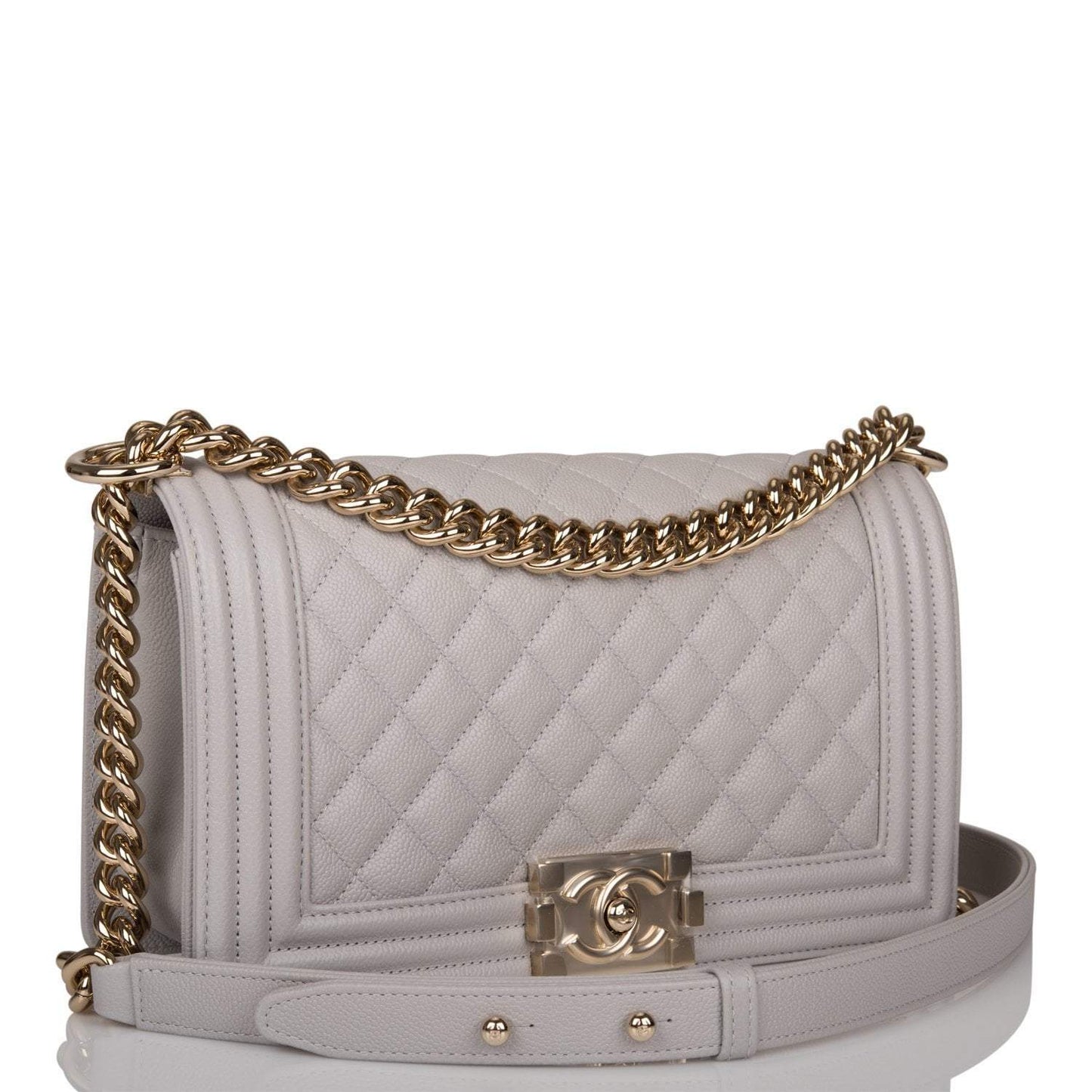 Chanel Medium Boy Bag Gray Quilted Caviar Light Gold Hardware
