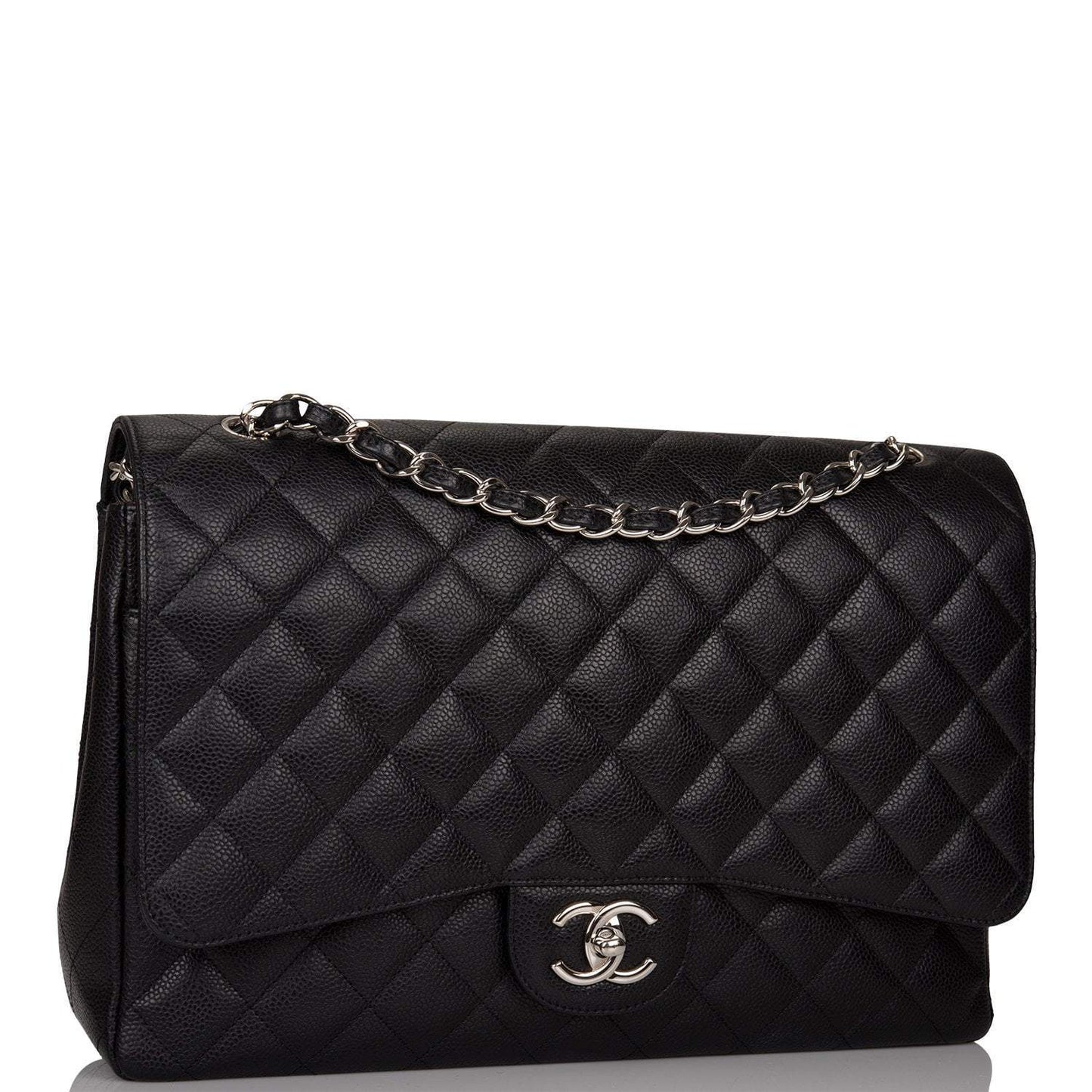 Chanel Maxi Classic Double Flap Bag Black Quilted Caviar Silver Hardware