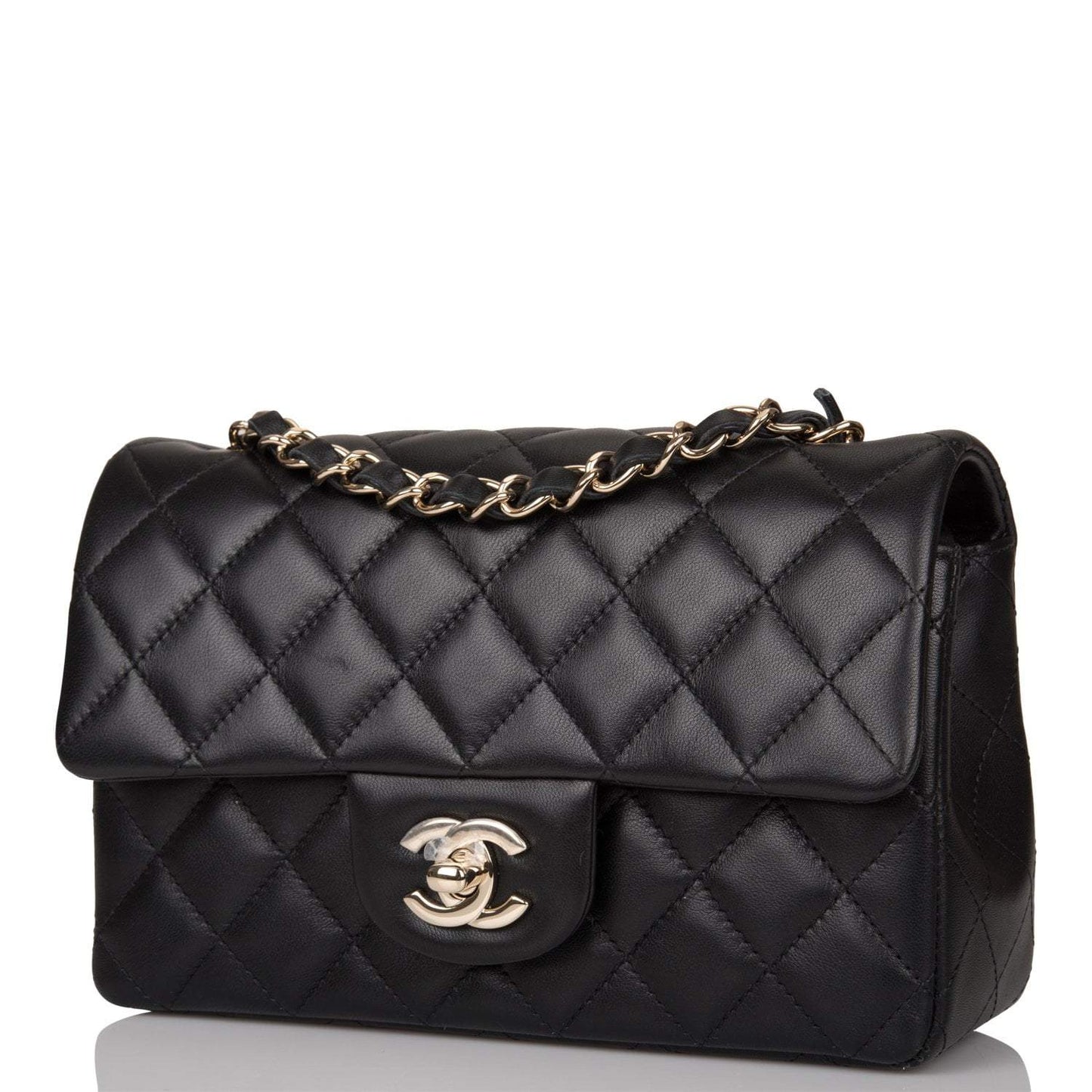 Chanel Mini Rectangular Flap Bag Black Lambskin Light Gold Hardware