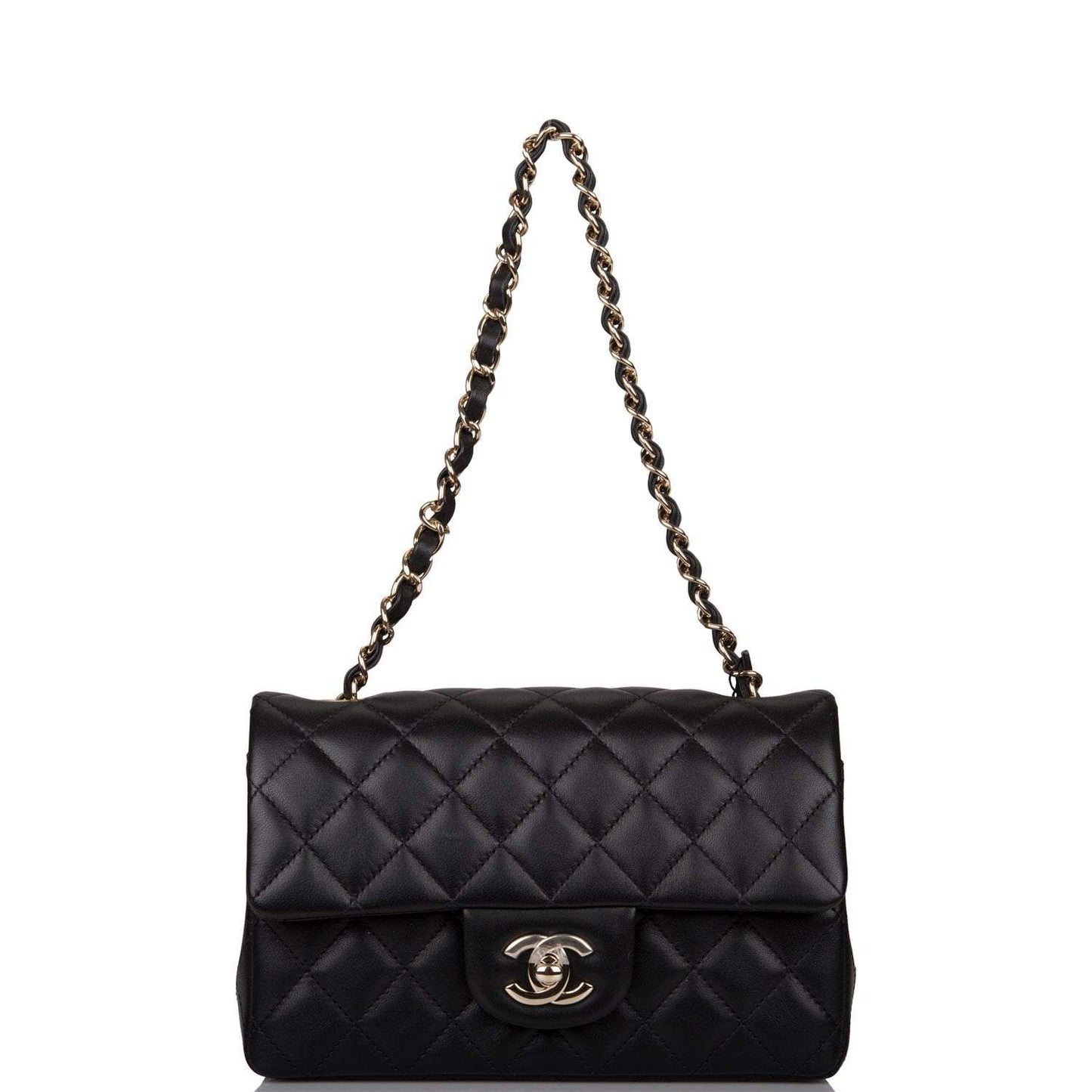 Chanel Mini Rectangular Flap Bag Black Lambskin Light Gold Hardware
