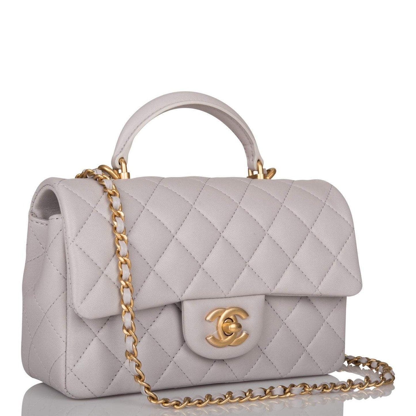 Chanel Mini Rectangular Flap Bag with Top Handle Gray Lambskin Antique Gold Hardware