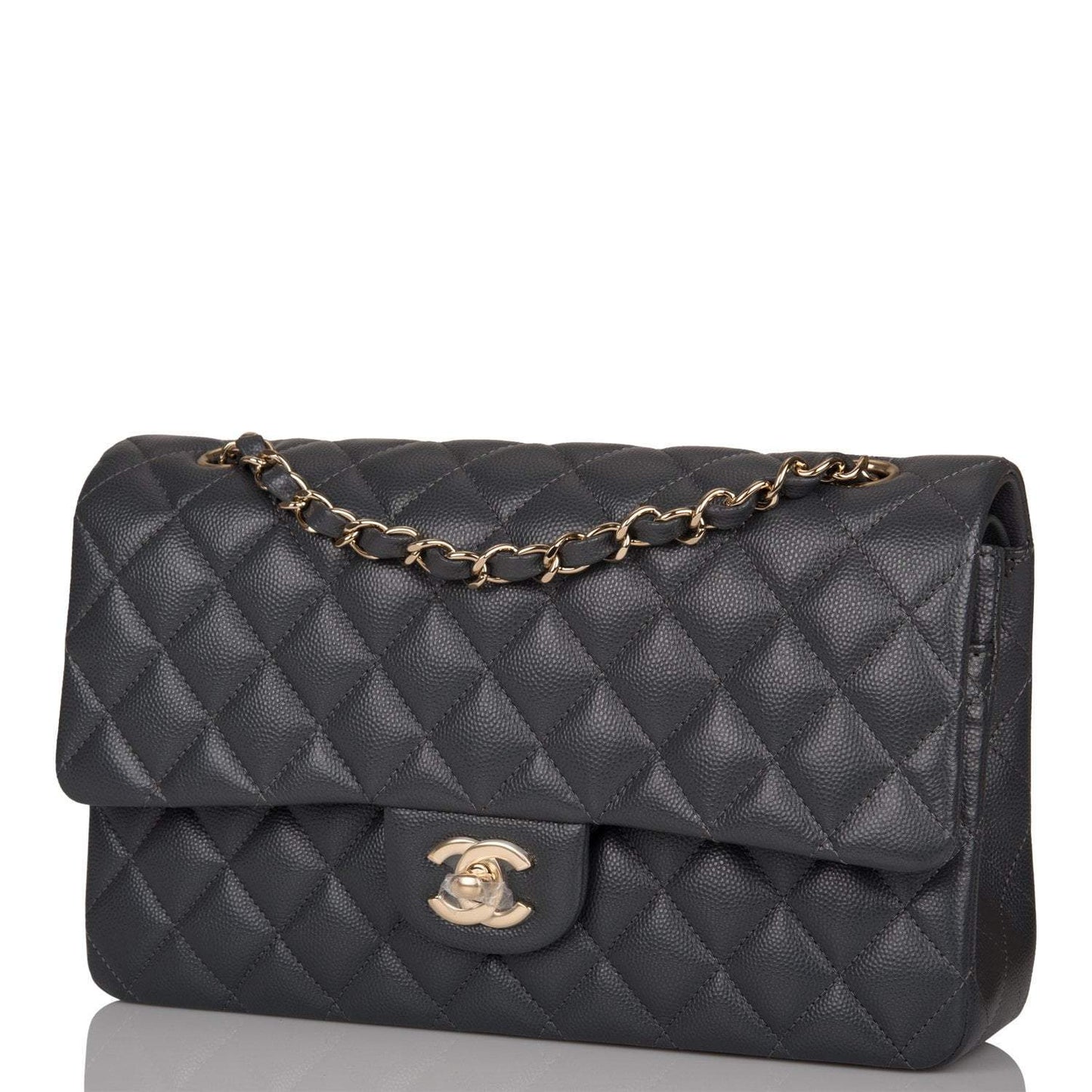 Chanel Medium Classic Double Flap Bag Dark Gray Caviar Light Gold Hardware