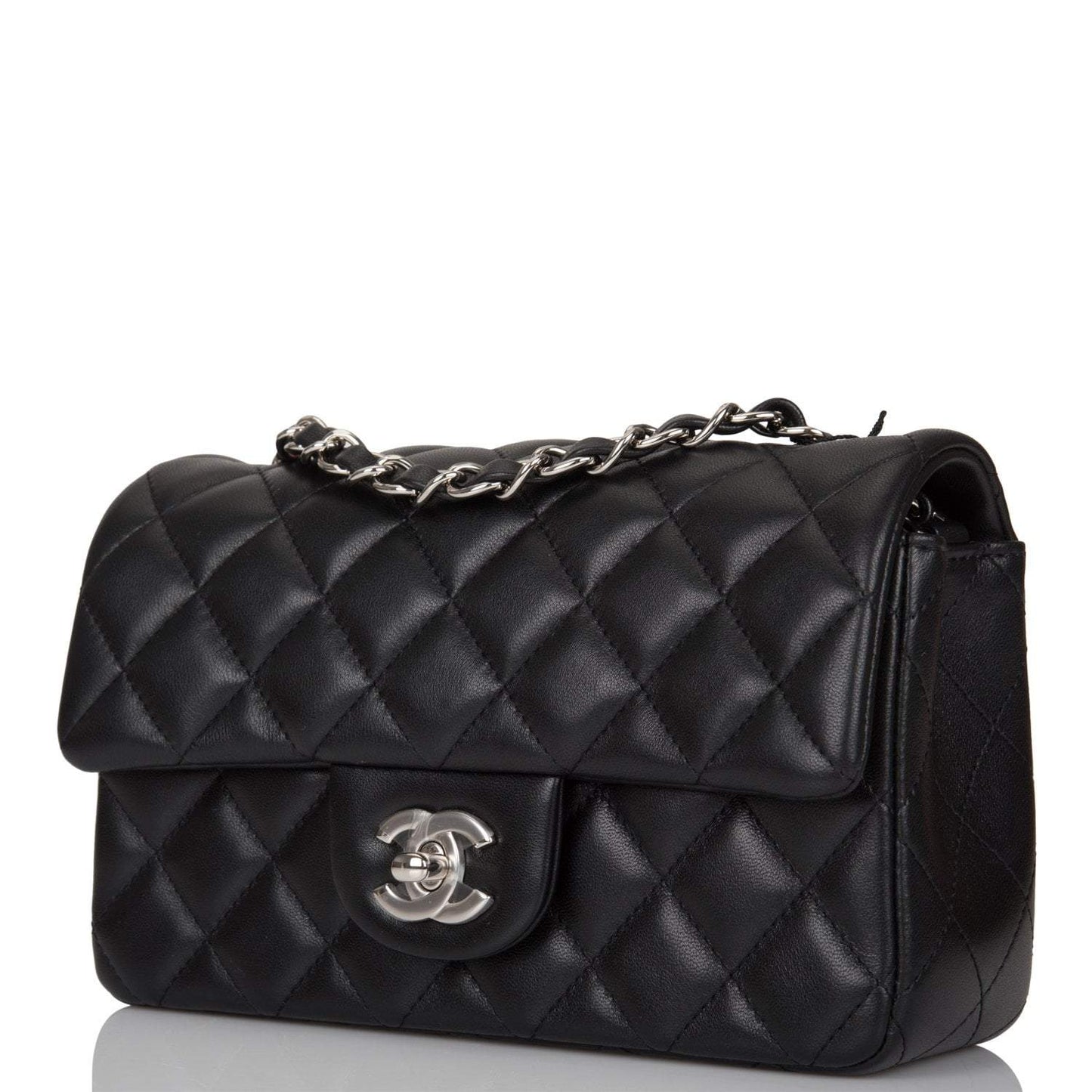 Chanel Mini Rectangular Flap Bag Black Lambskin Light Silver Hardware