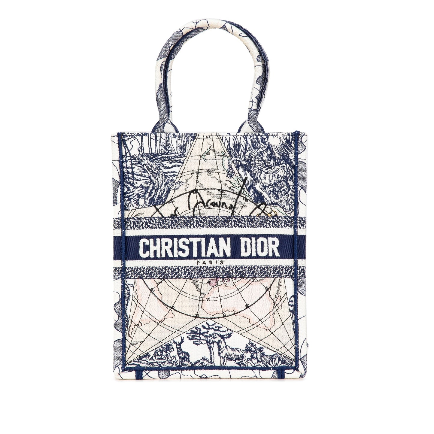 Dior Embroidered Canvas Around The World Vertical Book Tote Blue
