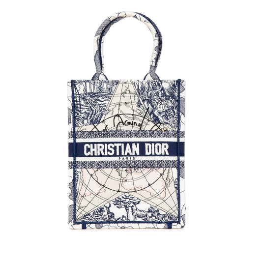 Dior Embroidered Canvas Around The World Vertical Book Tote Blue