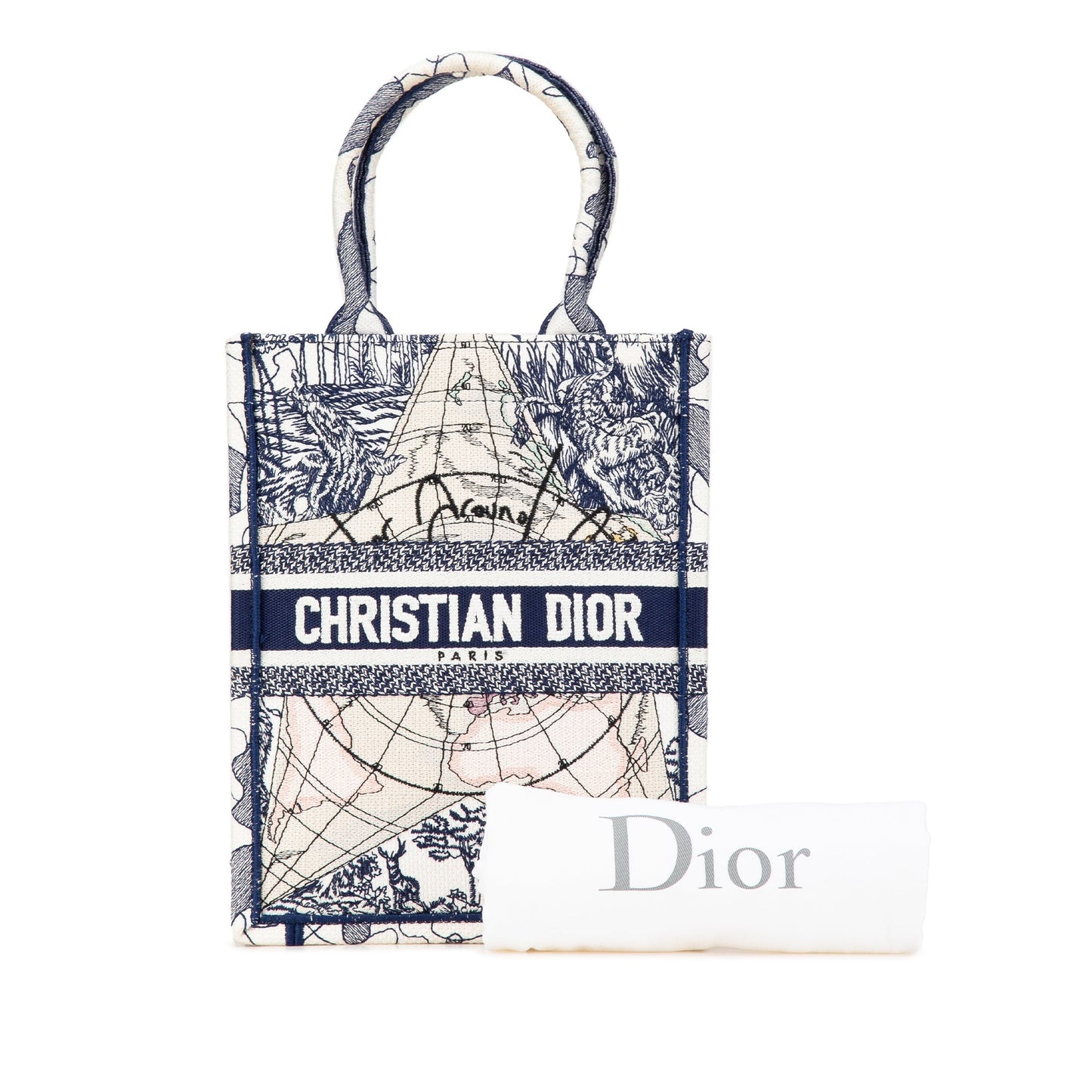 Dior Embroidered Canvas Around The World Vertical Book Tote Blue
