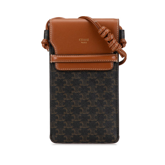 Celine Triomphe Coated Canvas and Lambskin Phone Pouch with Flap Brown