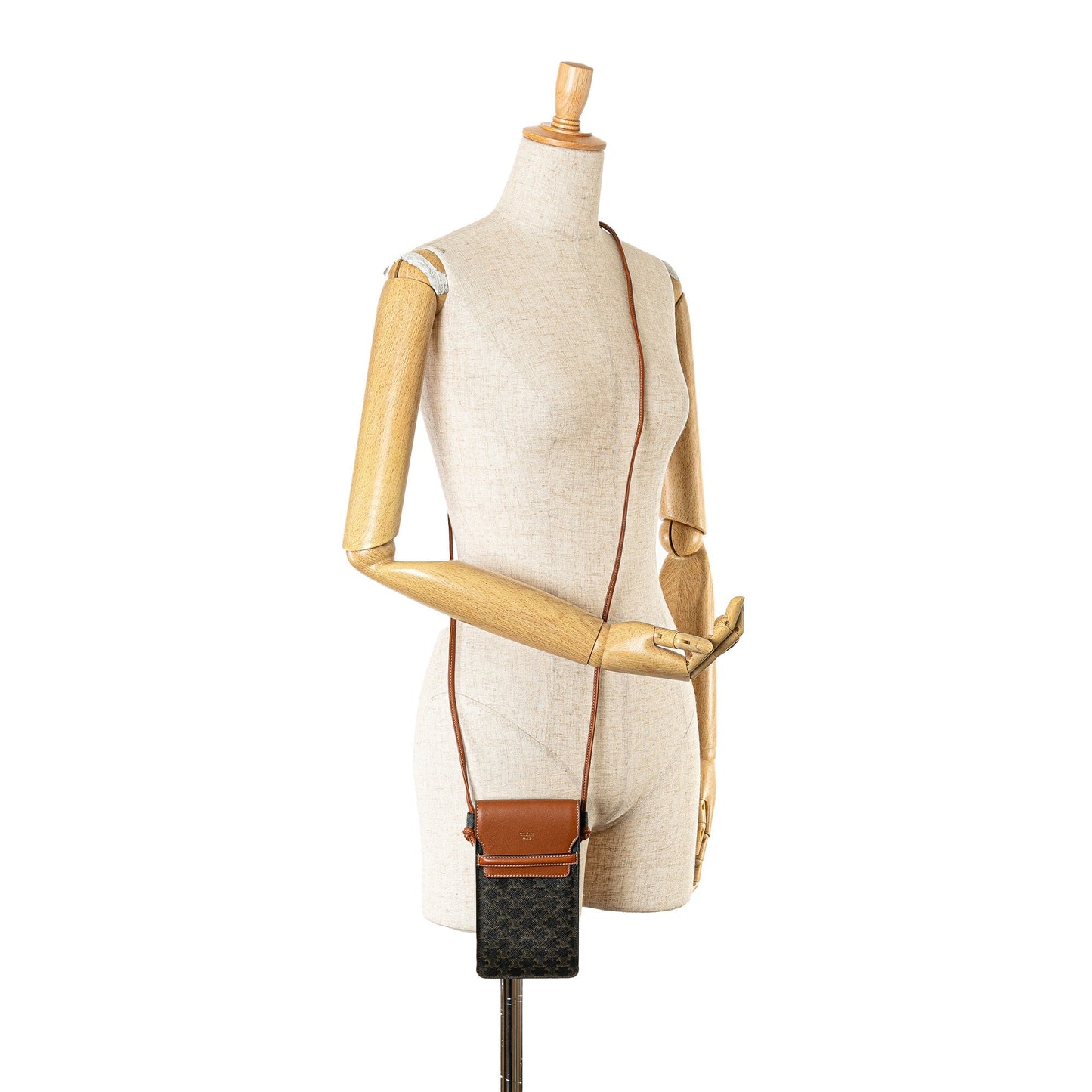 Celine Triomphe Coated Canvas and Lambskin Phone Pouch with Flap Brown