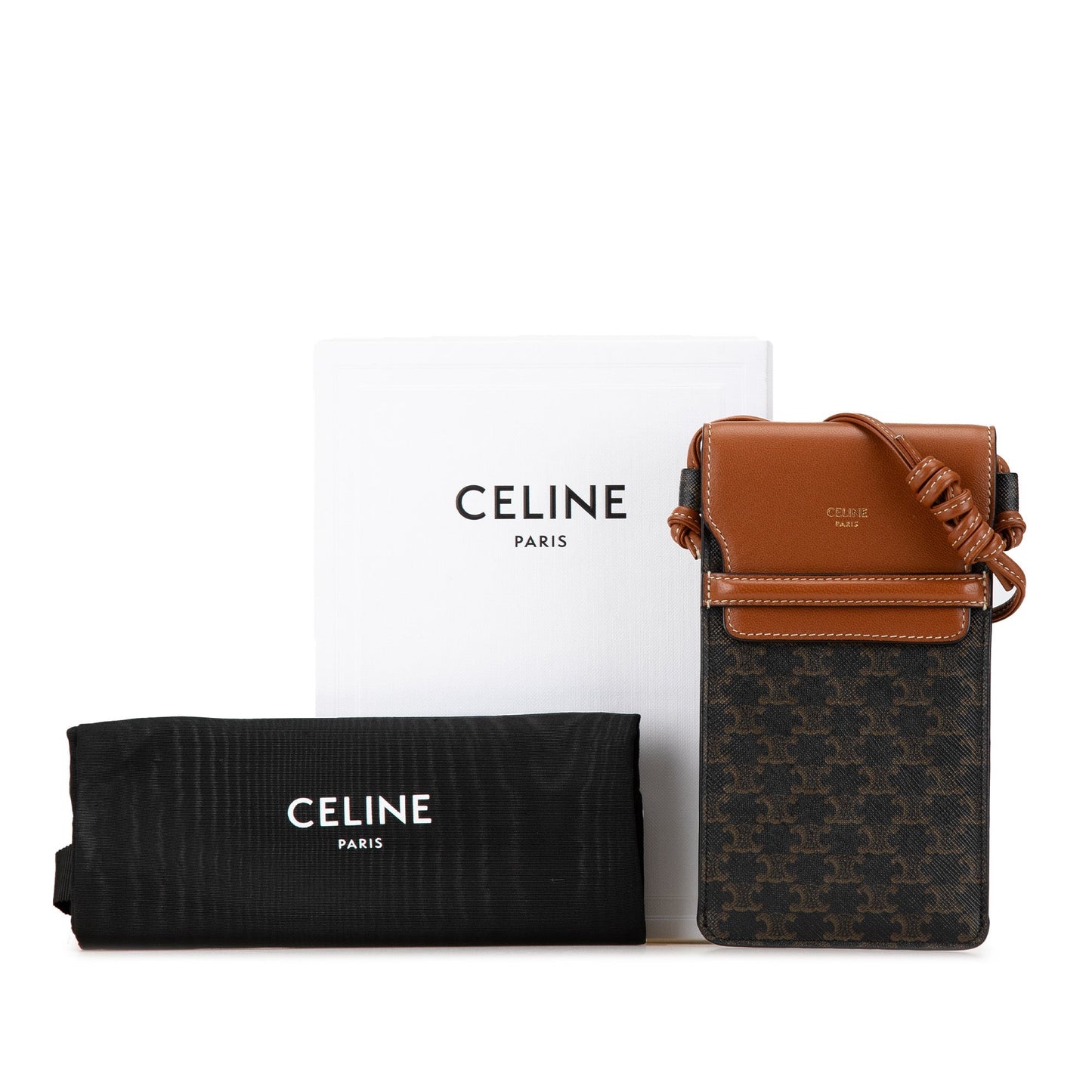 Celine Triomphe Coated Canvas and Lambskin Phone Pouch with Flap Brown