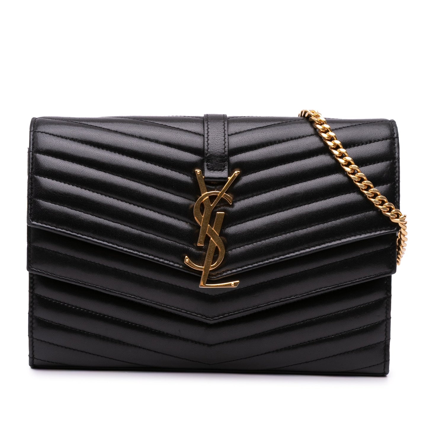 Saint Laurent Lambskin Chevron Monogram Sulpice Chain Wallet Black