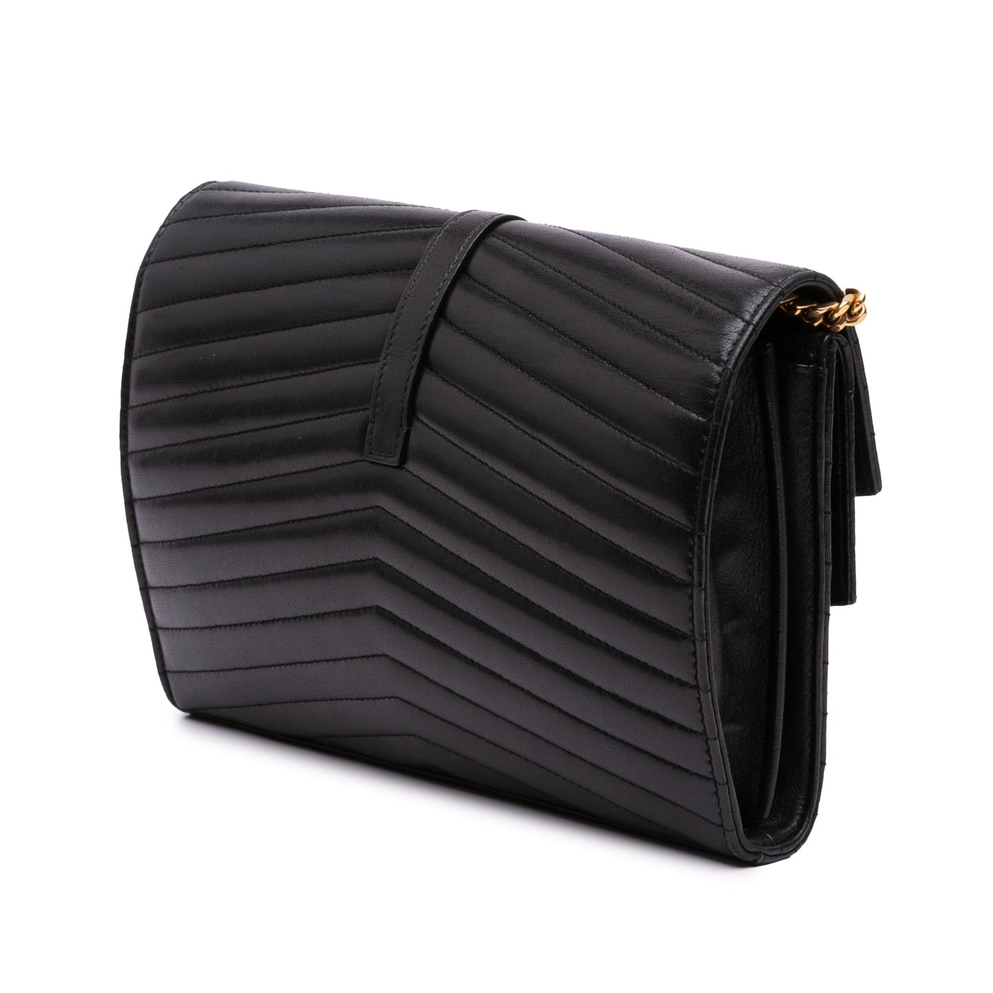 Saint Laurent Lambskin Chevron Monogram Sulpice Chain Wallet Black
