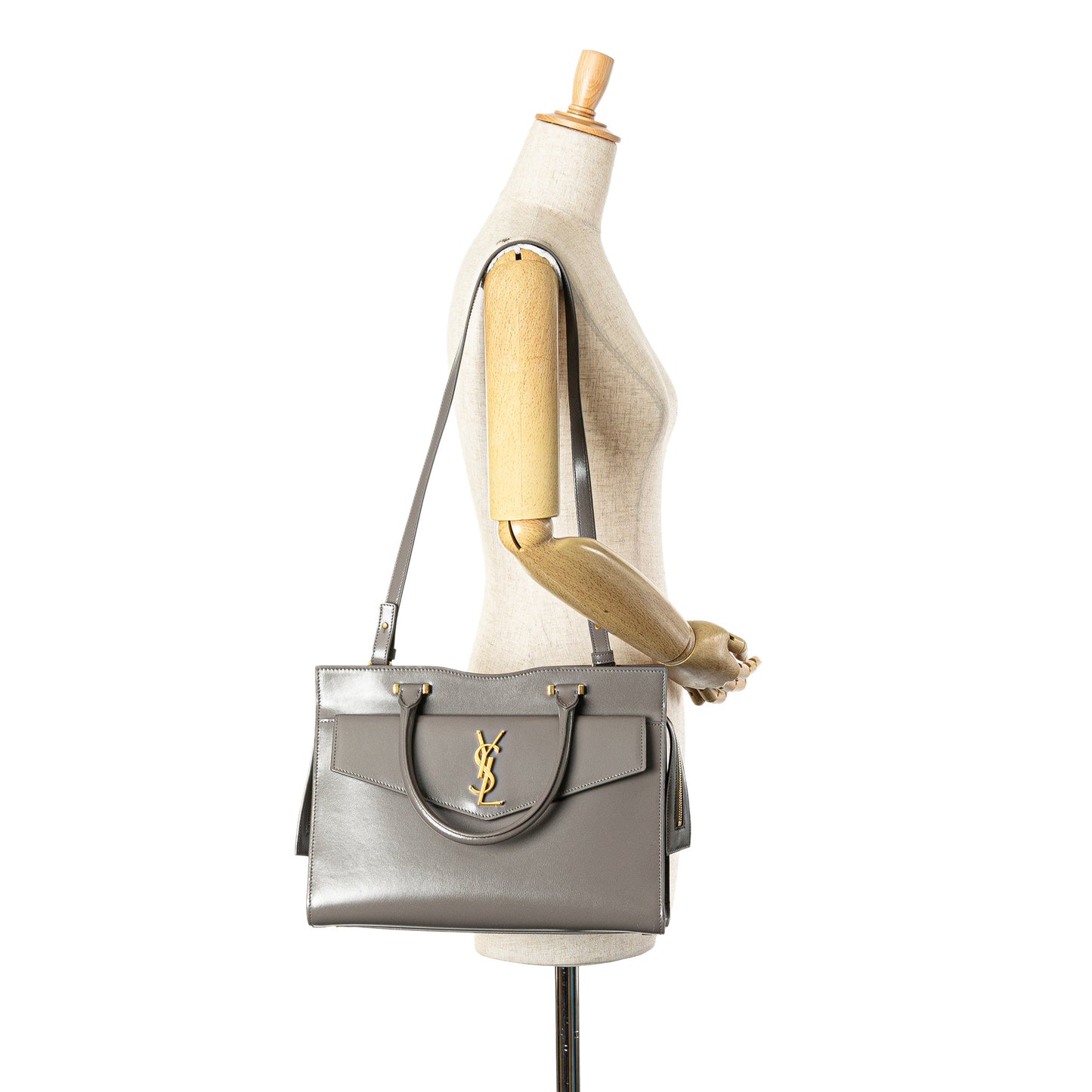 Saint Laurent Medium Leather Monogram Uptown Satchel Gray