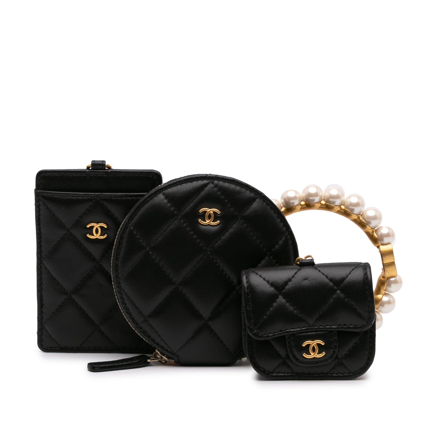 Chanel Lambskin Pearl Crown CC Wristlet Multi Pouches Black