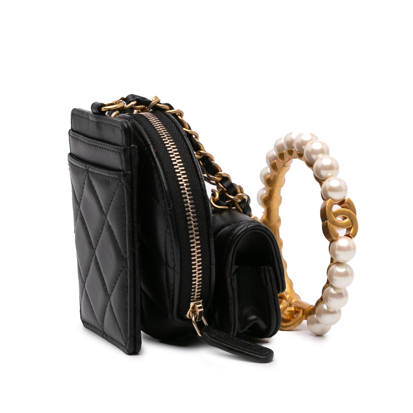 Chanel Lambskin Pearl Crown CC Wristlet Multi Pouches Black