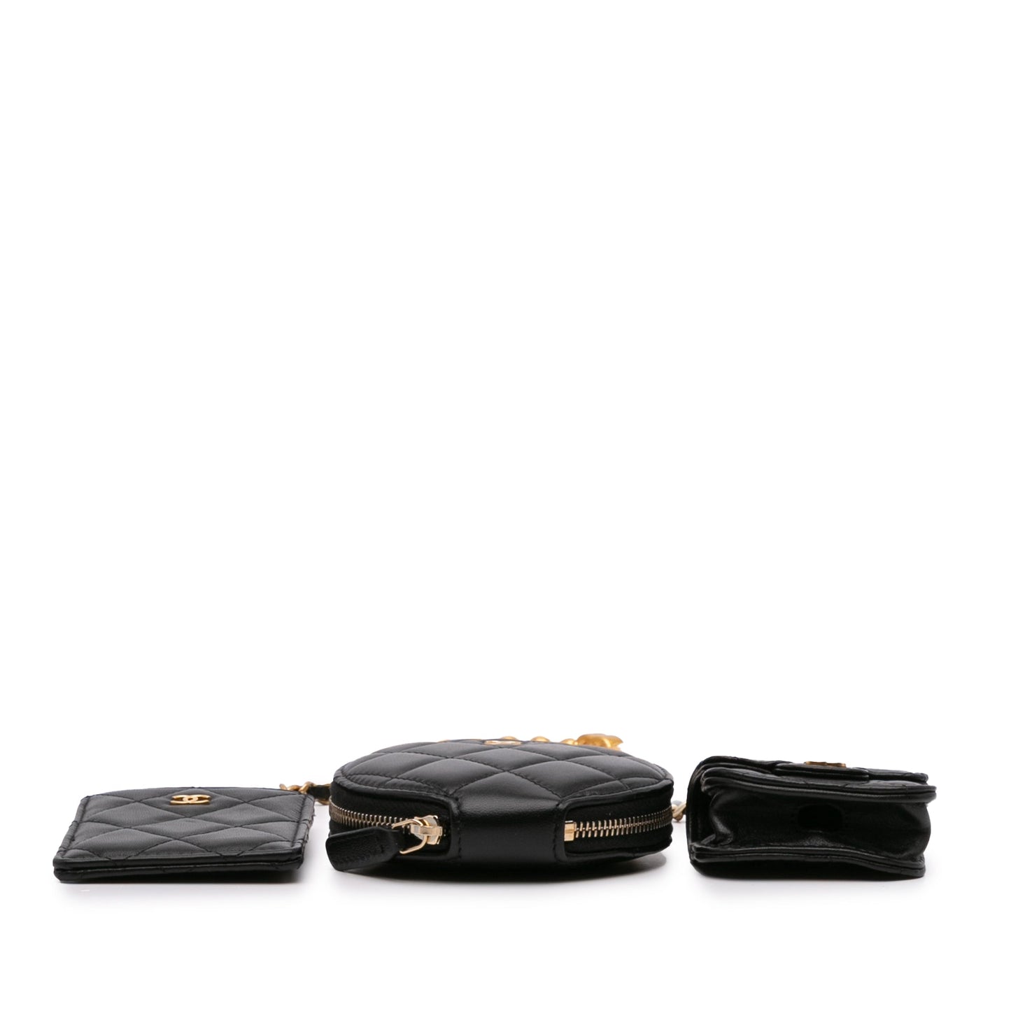 Chanel Lambskin Pearl Crown CC Wristlet Multi Pouches Black