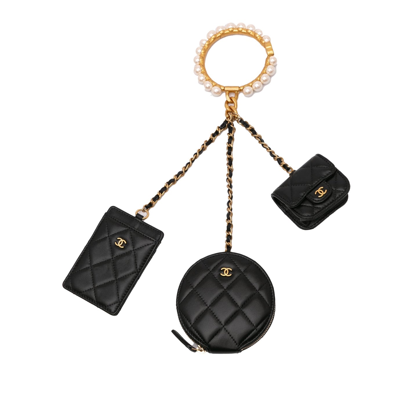 Chanel Lambskin Pearl Crown CC Wristlet Multi Pouches Black