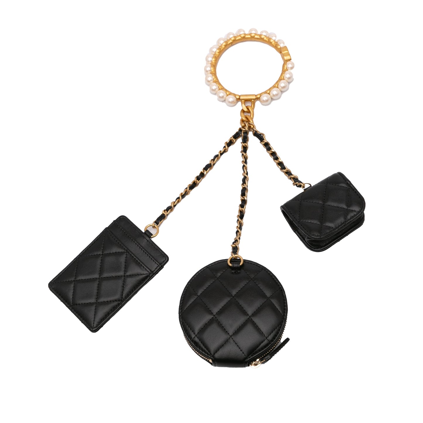 Chanel Lambskin Pearl Crown CC Wristlet Multi Pouches Black