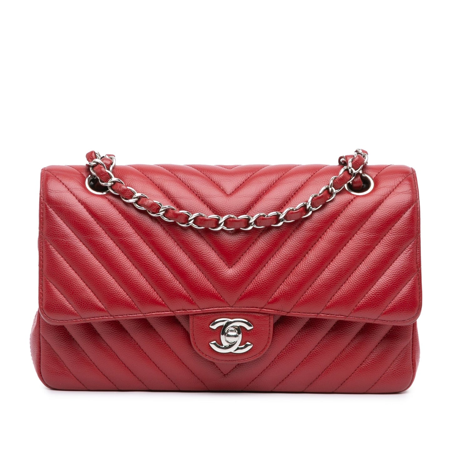 Chanel Medium Classic Chevron Caviar Double Flap Red