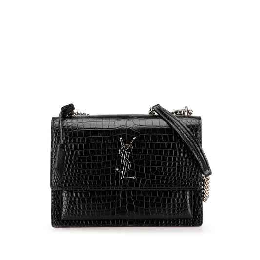 Saint Laurent Medium Croc Embossed Leather Sunset Crossbody Black