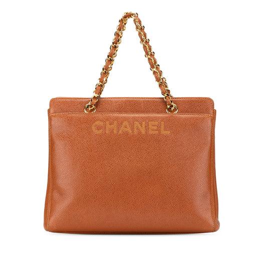 Chanel Caviar Logo Chain Tote Brown
