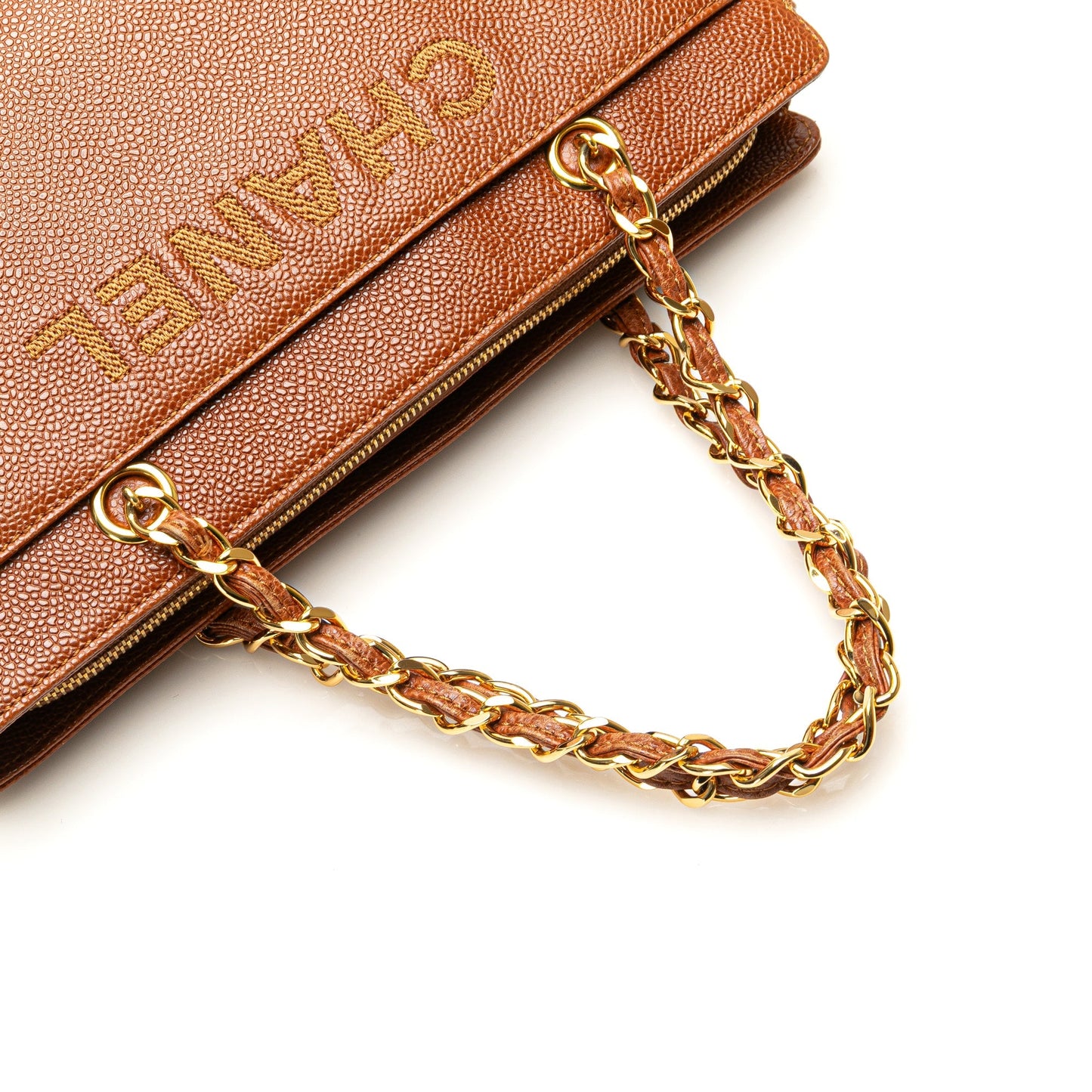 Chanel Caviar Logo Chain Tote Brown