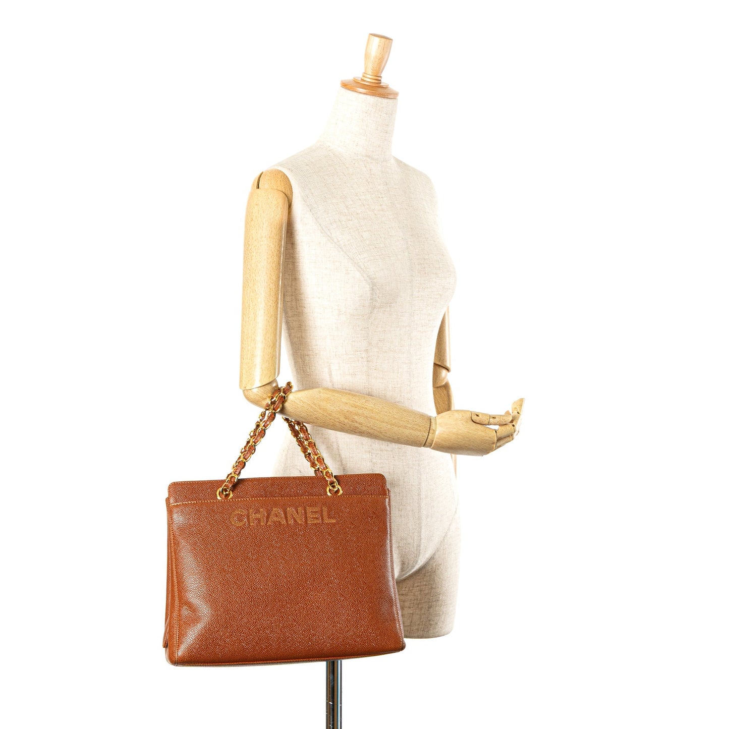 Chanel Caviar Logo Chain Tote Brown