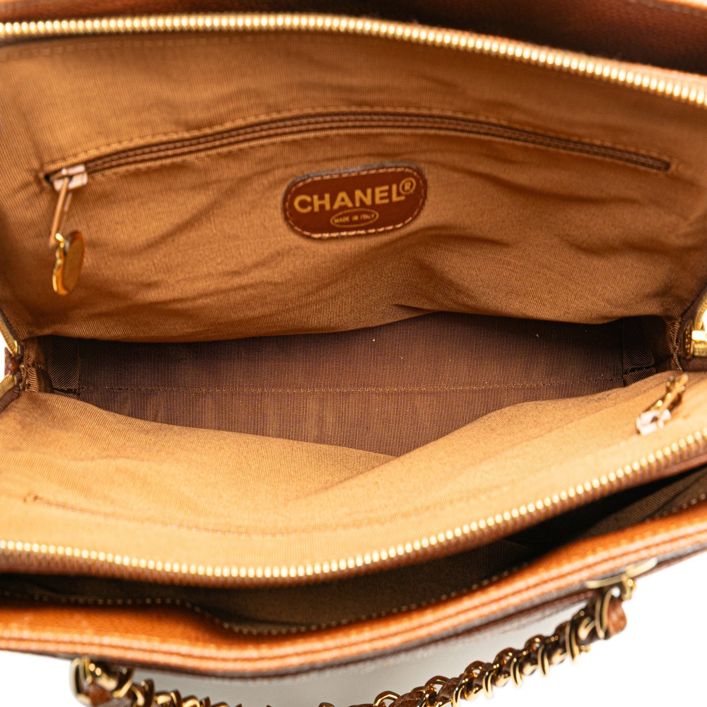 Chanel Caviar Logo Chain Tote Brown