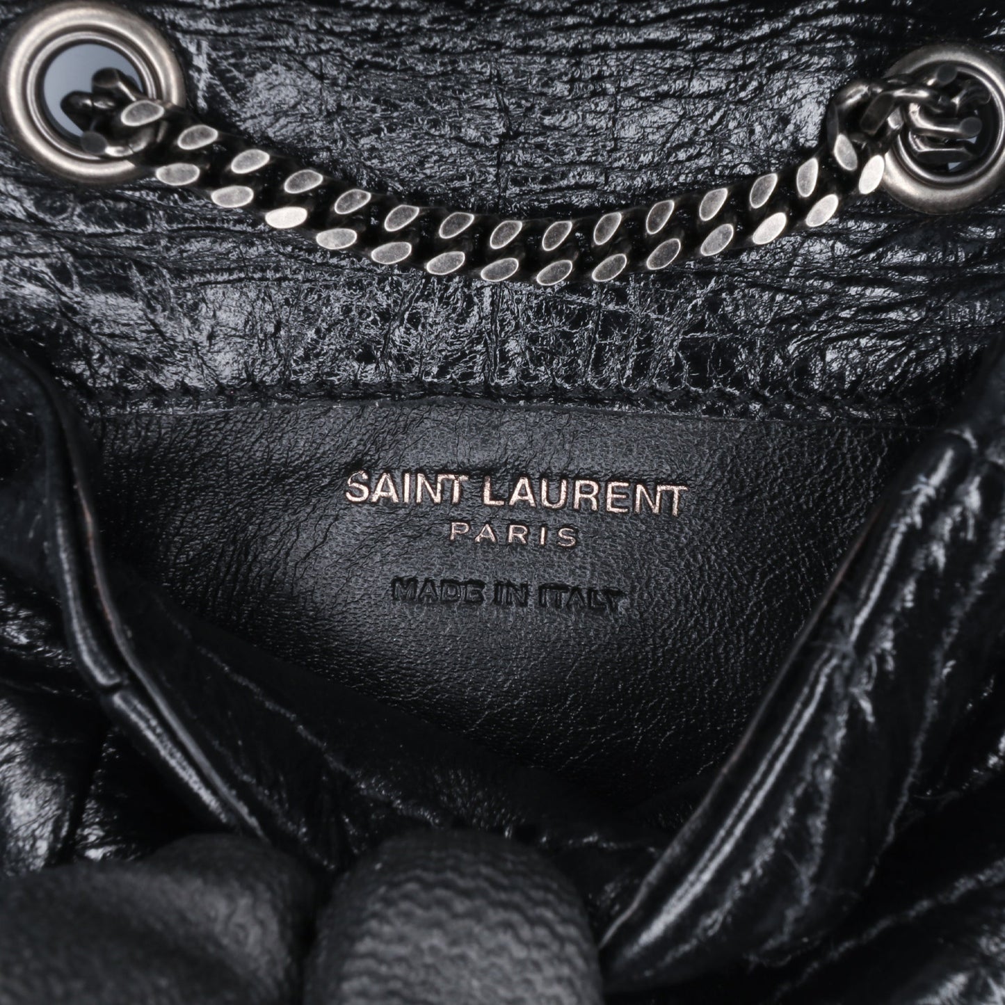 Saint Laurent Micro Crinkled Leather Niki Airpods Case with Chain Black