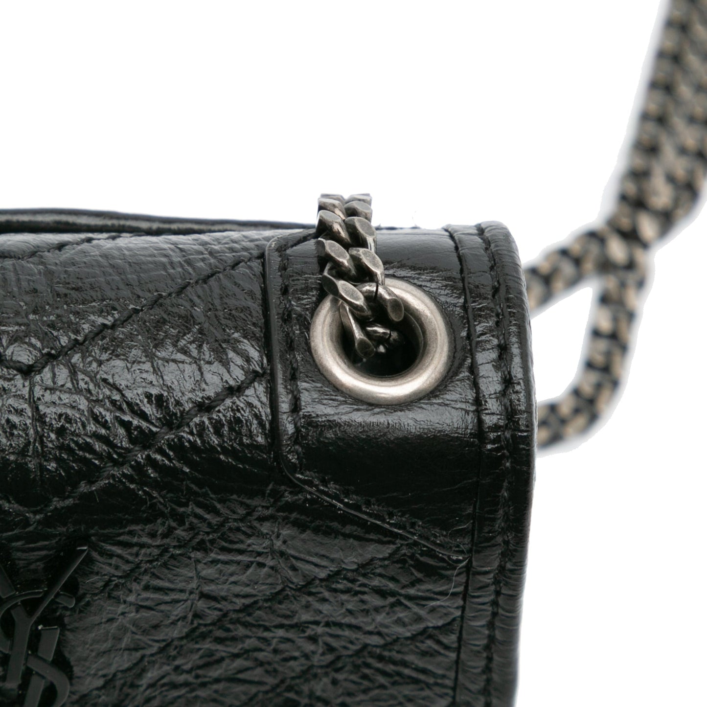 Saint Laurent Micro Crinkled Leather Niki Airpods Case with Chain Black