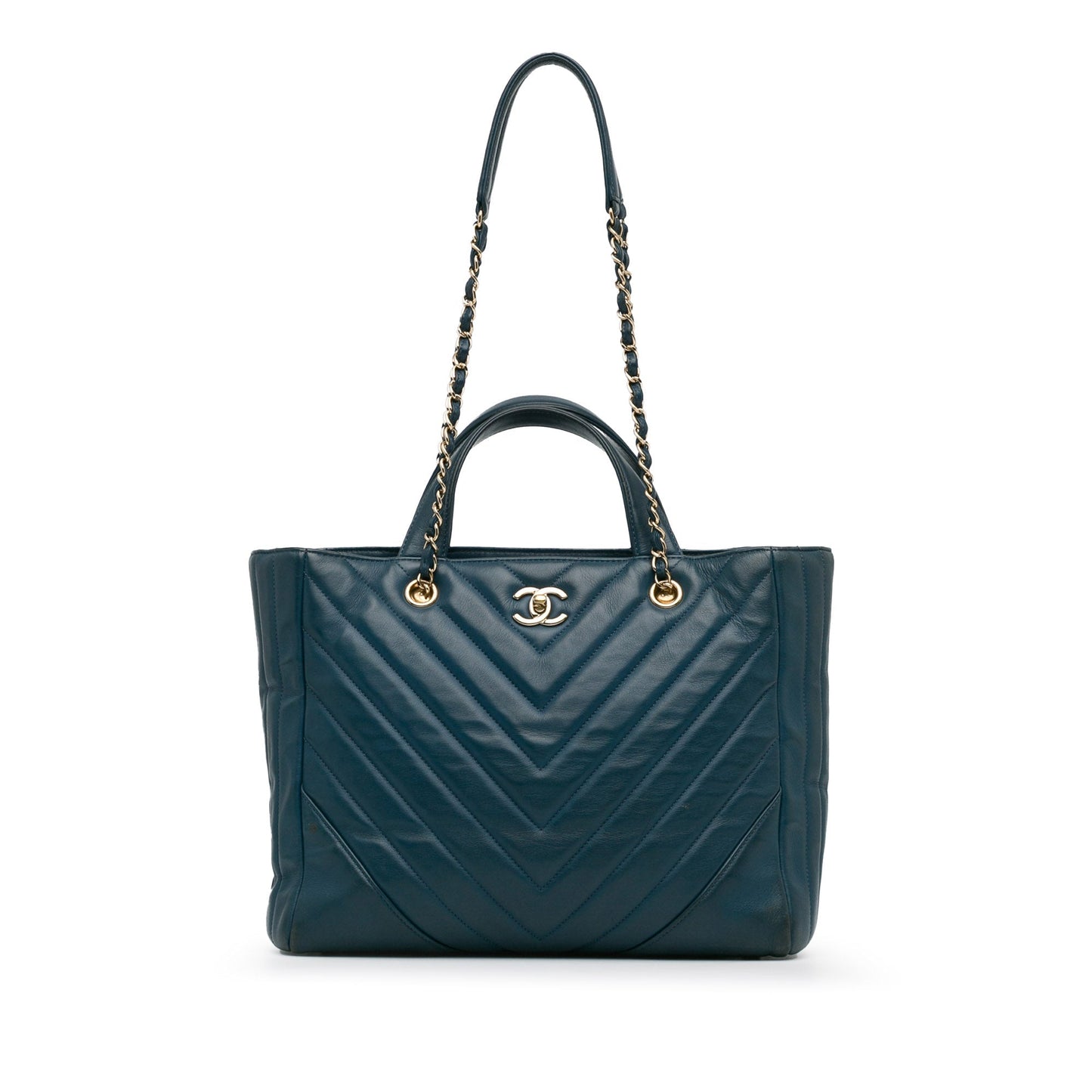 Chanel CC Chevron Calfskin Statement Shopping Tote Blue