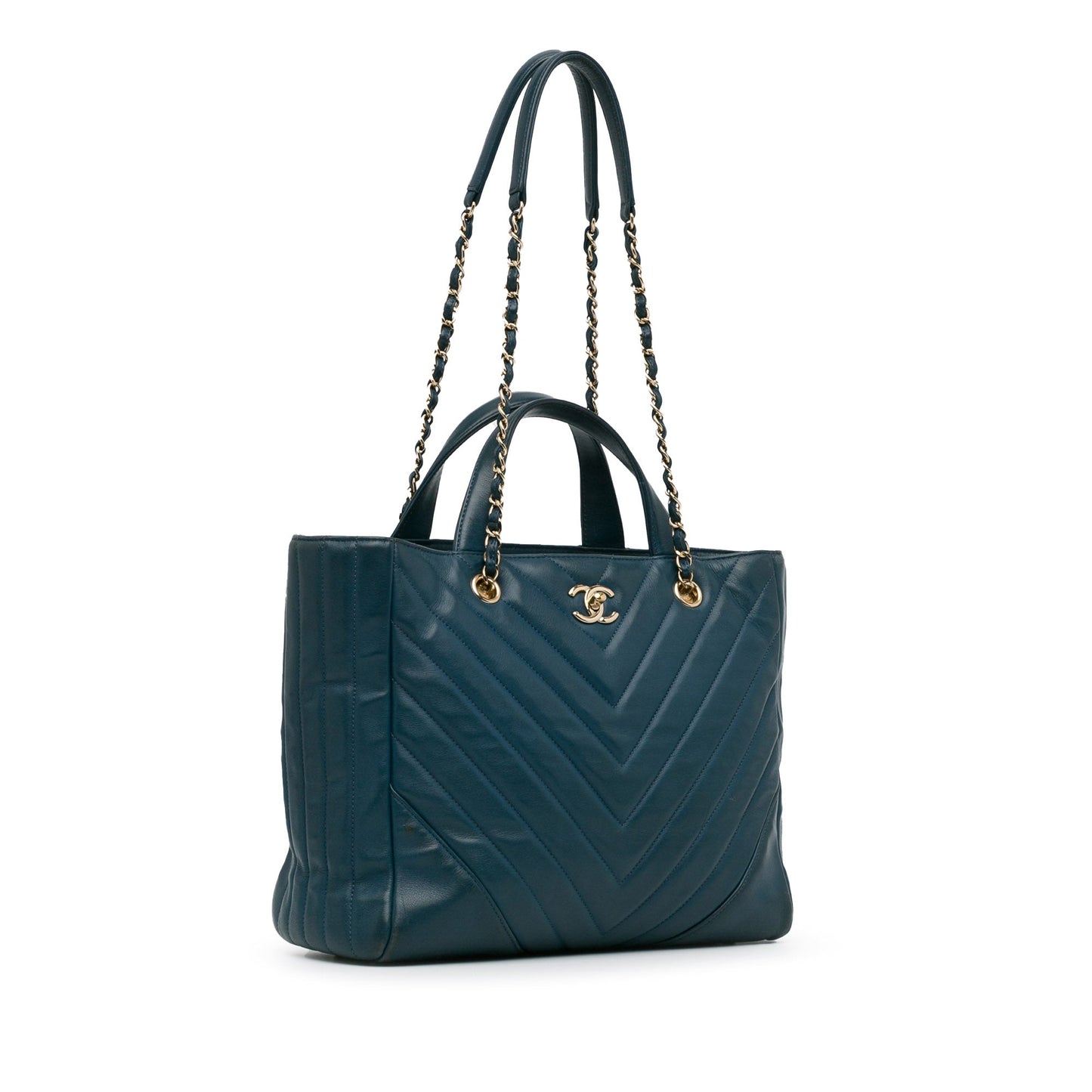 Chanel CC Chevron Calfskin Statement Shopping Tote Blue