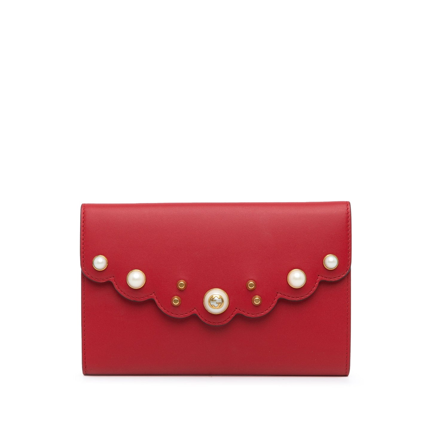 Gucci Leather Peony Pearly Wallet on Chain Red