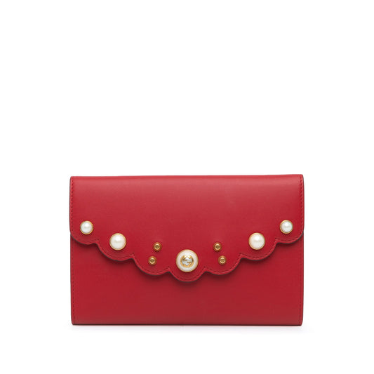 Gucci Leather Peony Pearly Wallet on Chain Red