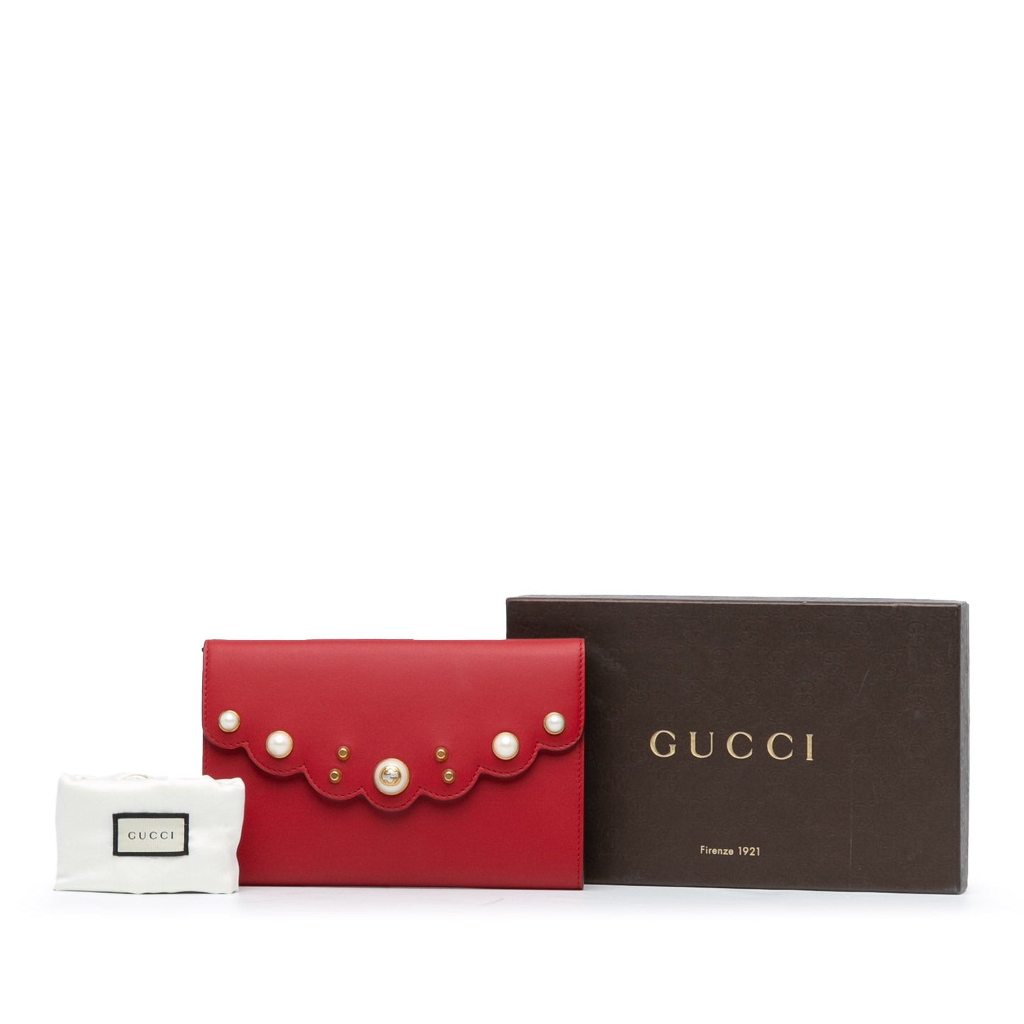 Gucci Leather Peony Pearly Wallet on Chain Red