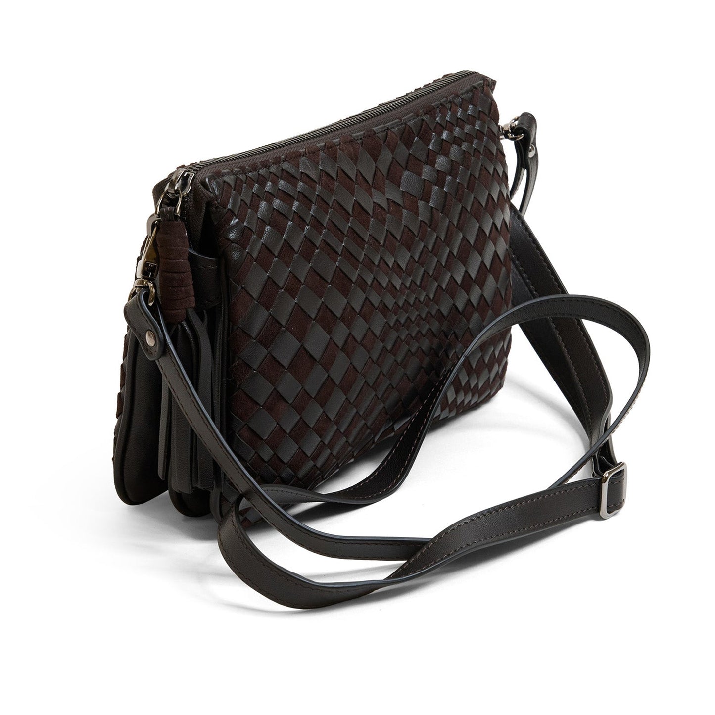 Woman Leather Clutch Intreccio Optical Suede Testa di Moro